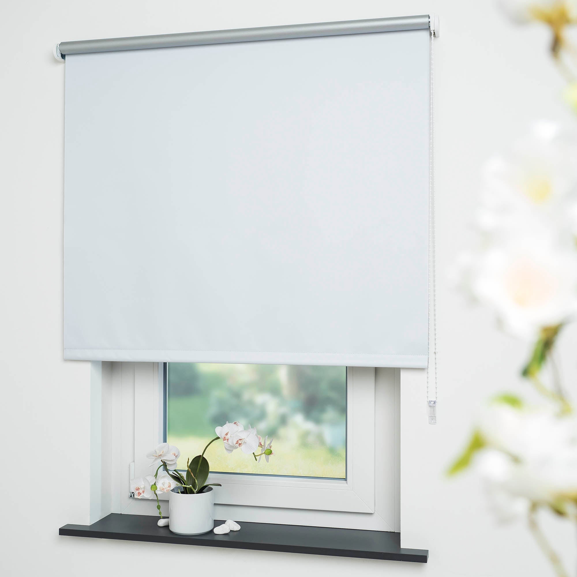 ourdeco® Seitenzugrollo | verdunkelnd | Thermo-Beschichtung | weiß, anthrazit, linen