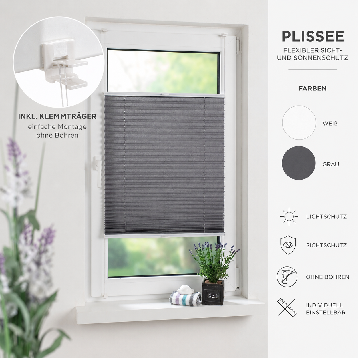 ourdeco® Klemmfix-Plissee | lichtdurchlässig | Montage ohne/mit Bohren | verschiedene Größen | weiß, grau
