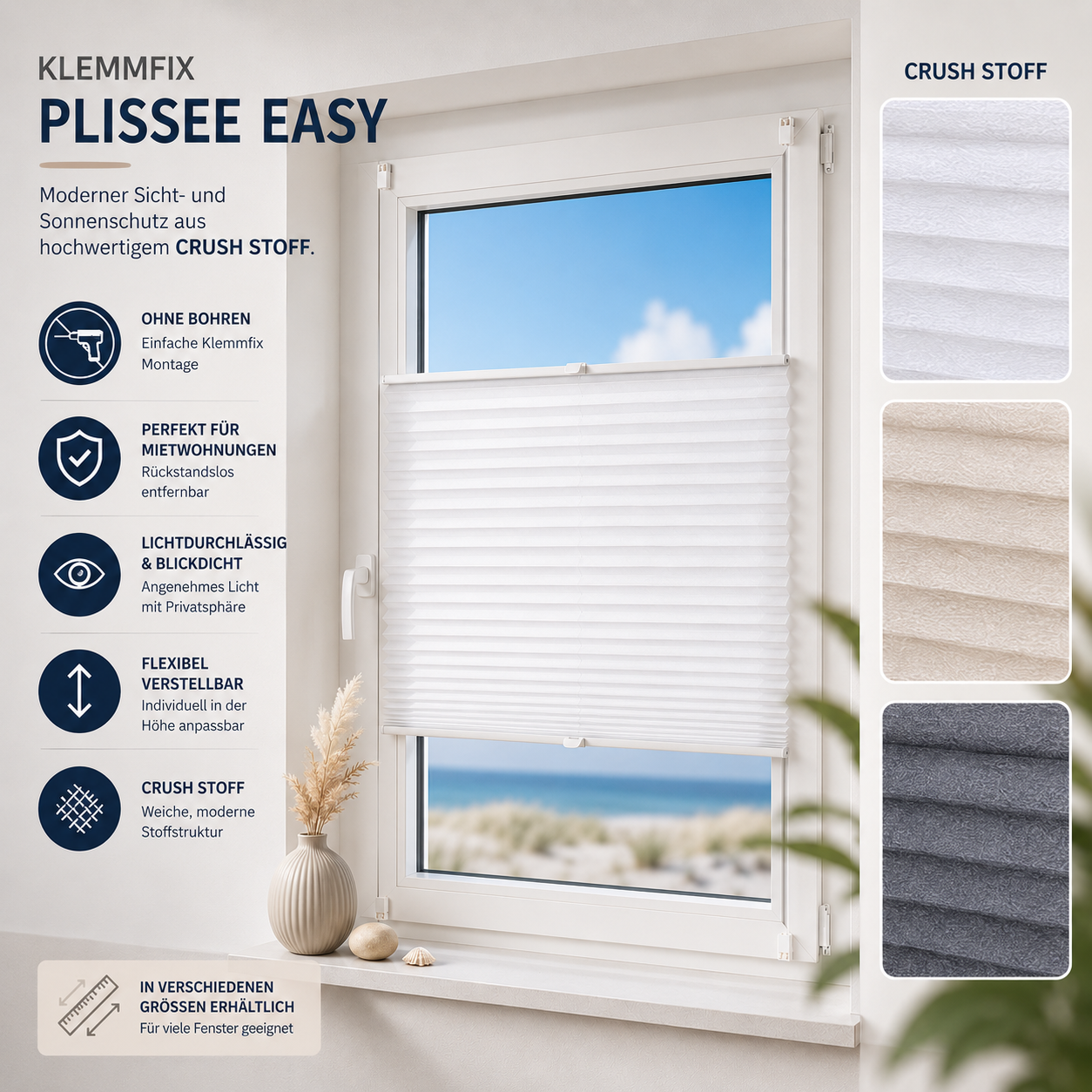 ourdeco® Klemmfix-Plissee Easy | ohne Bohren | weiß, beige, grau