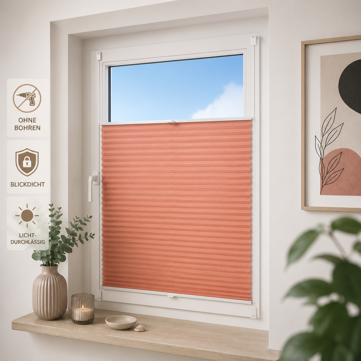 ourdeco® Klemmfix-Plissee | ohne Bohren | Jeansblue, Lachs