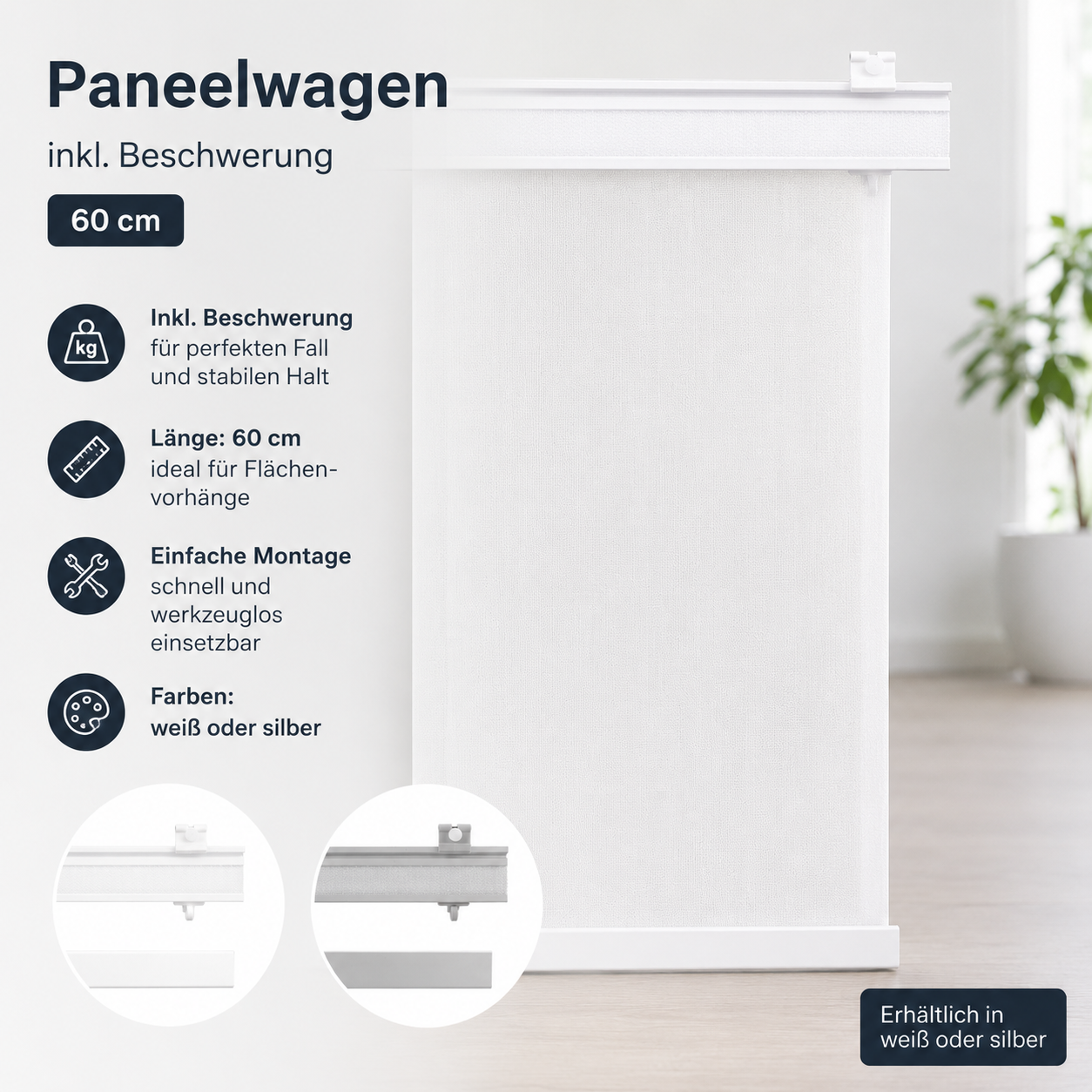 ourdeco® Paneelwagen mit Klettband und Beschwerung | 60 cm | inkl. Laufwagen | weiß, silber