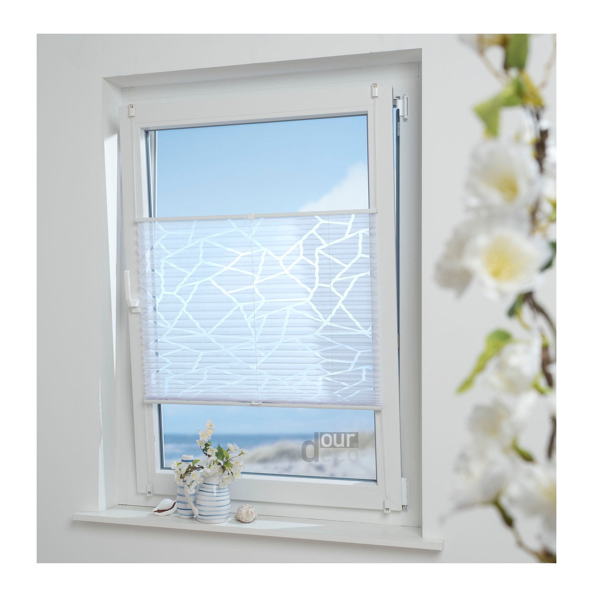 ourdeco® Plissee Ausbrenner, Dekorative, weiße, moderne Stile - Waitara, Ranke-Blatt und Symphonie, Vielen Größen, Montage mit Klemmträgern ohne Bohren