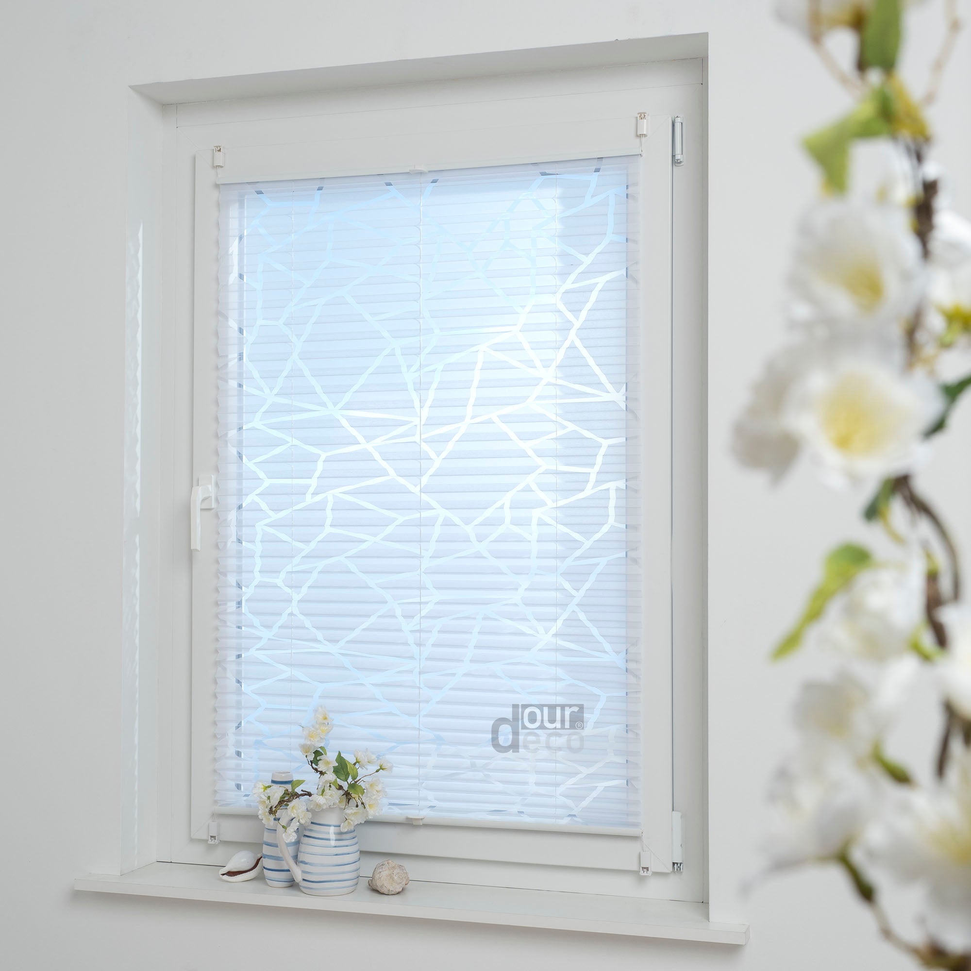 ourdeco® Plissee Ausbrenner, Dekorative, weiße, moderne Stile - Waitara, Ranke-Blatt und Symphonie, Vielen Größen, Montage mit Klemmträgern ohne Bohren