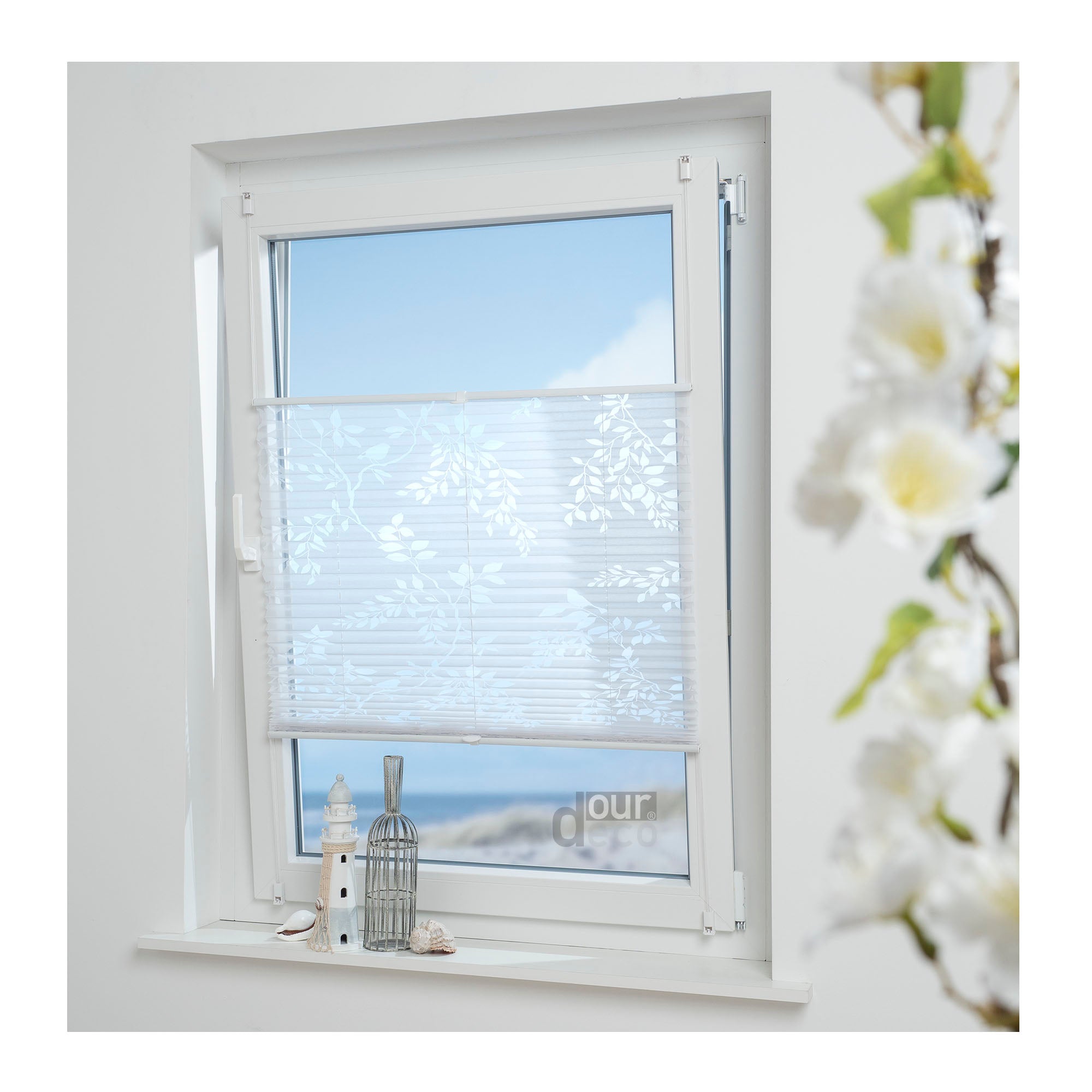 ourdeco® Plissee Ausbrenner, Dekorative, weiße, moderne Stile - Waitara, Ranke-Blatt und Symphonie, Vielen Größen, Montage mit Klemmträgern ohne Bohren