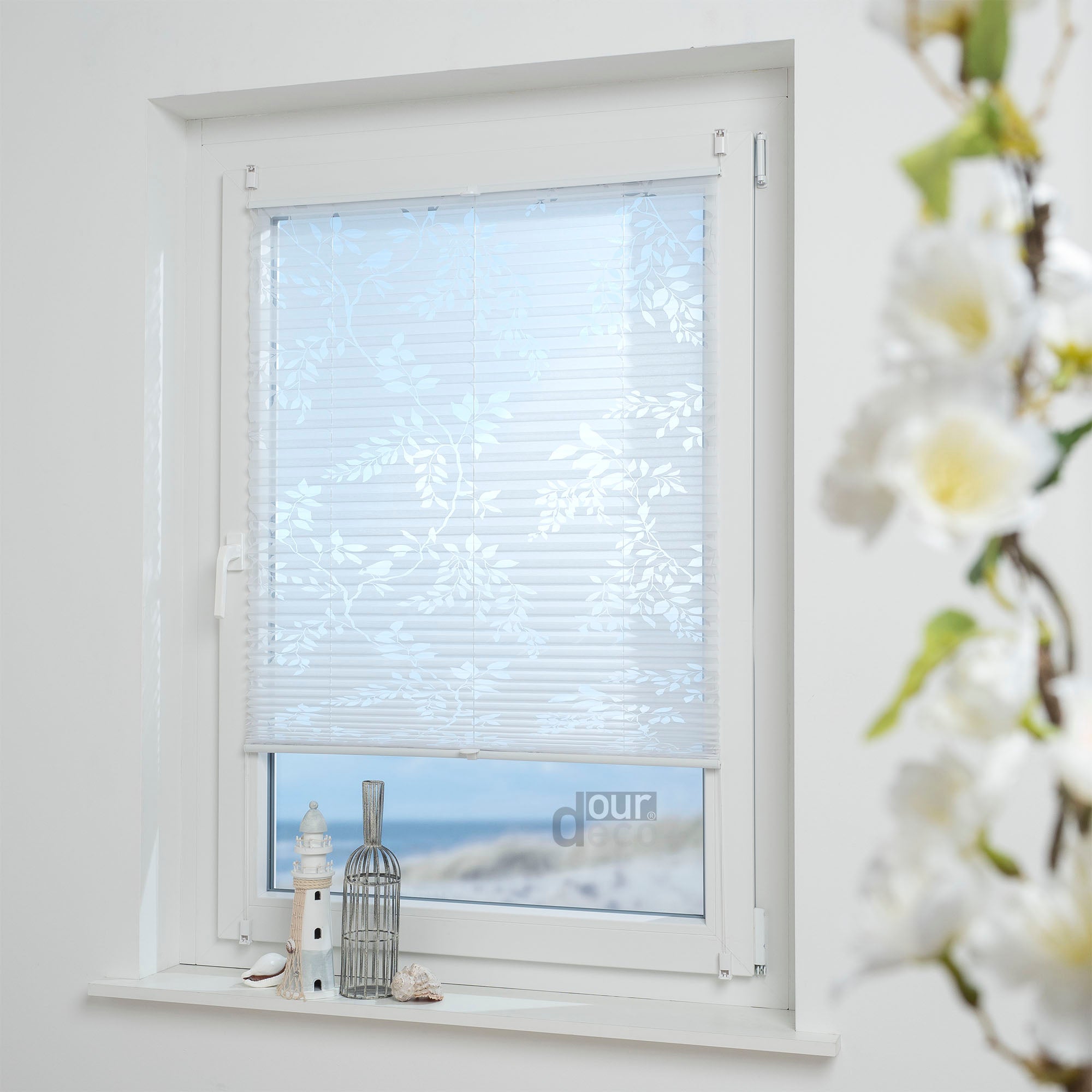 ourdeco® Plissee Ausbrenner, Dekorative, weiße, moderne Stile - Waitara, Ranke-Blatt und Symphonie, Vielen Größen, Montage mit Klemmträgern ohne Bohren
