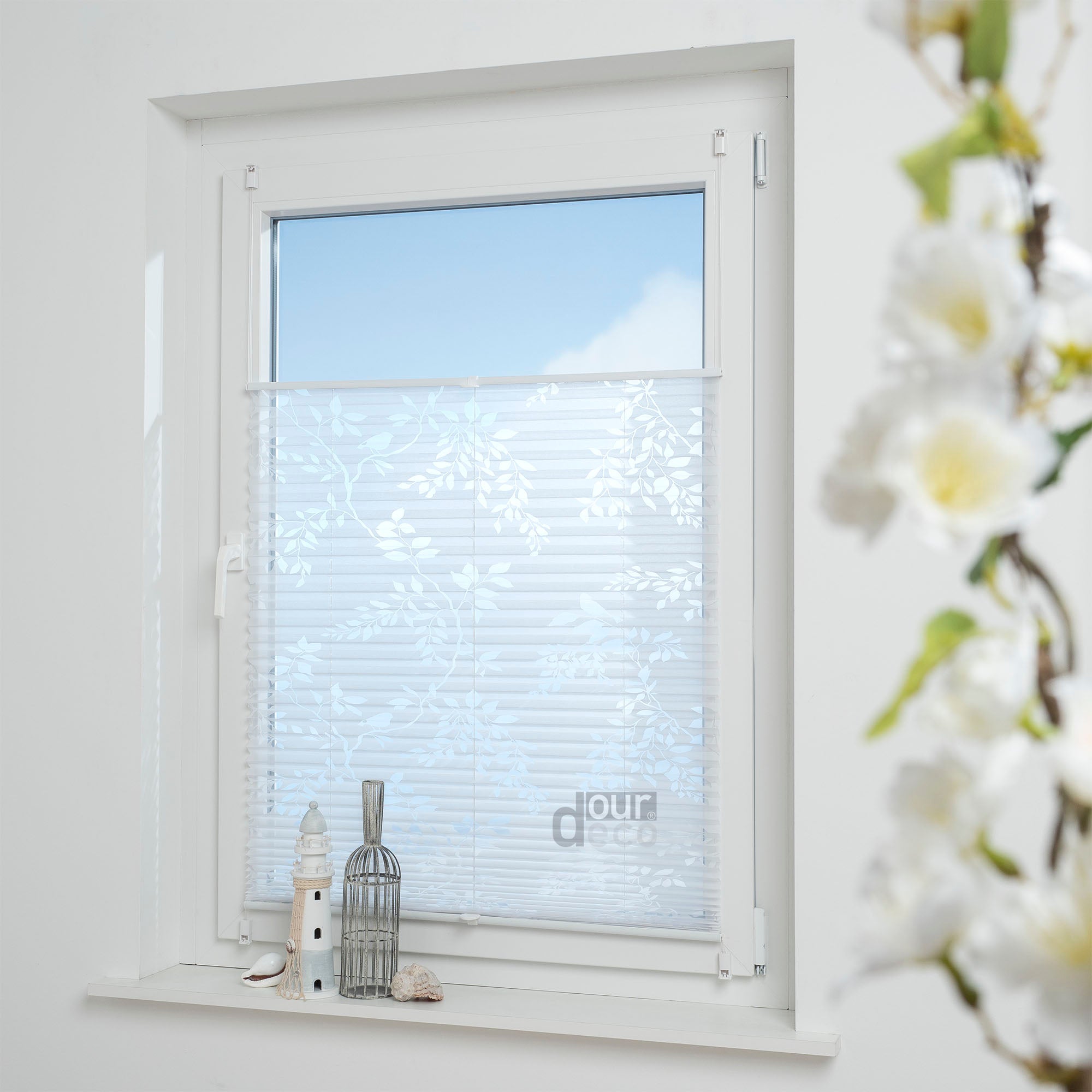 ourdeco® Plissee Ausbrenner, Dekorative, weiße, moderne Stile - Waitara, Ranke-Blatt und Symphonie, Vielen Größen, Montage mit Klemmträgern ohne Bohren