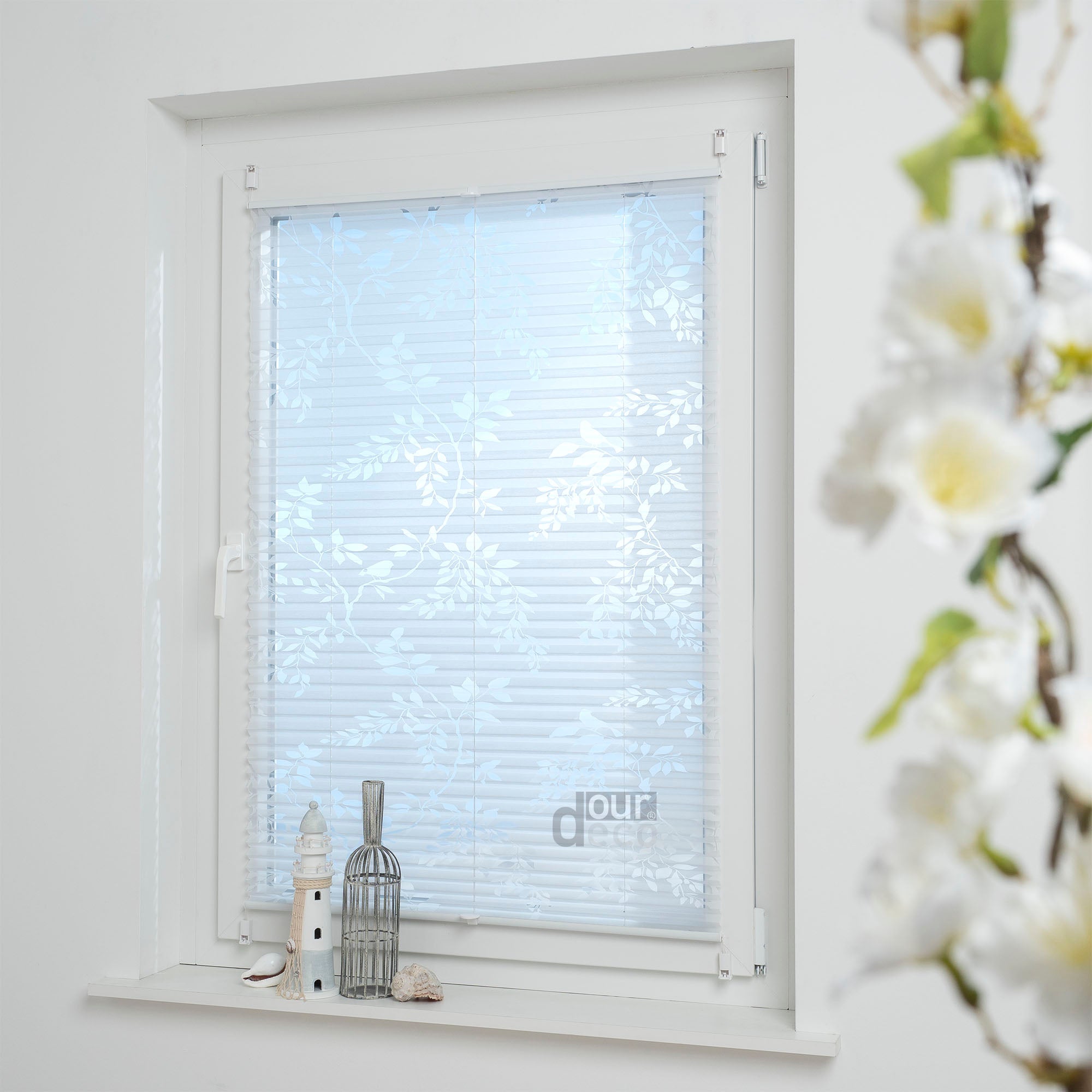 ourdeco® Plissee Ausbrenner, Dekorative, weiße, moderne Stile - Waitara, Ranke-Blatt und Symphonie, Vielen Größen, Montage mit Klemmträgern ohne Bohren