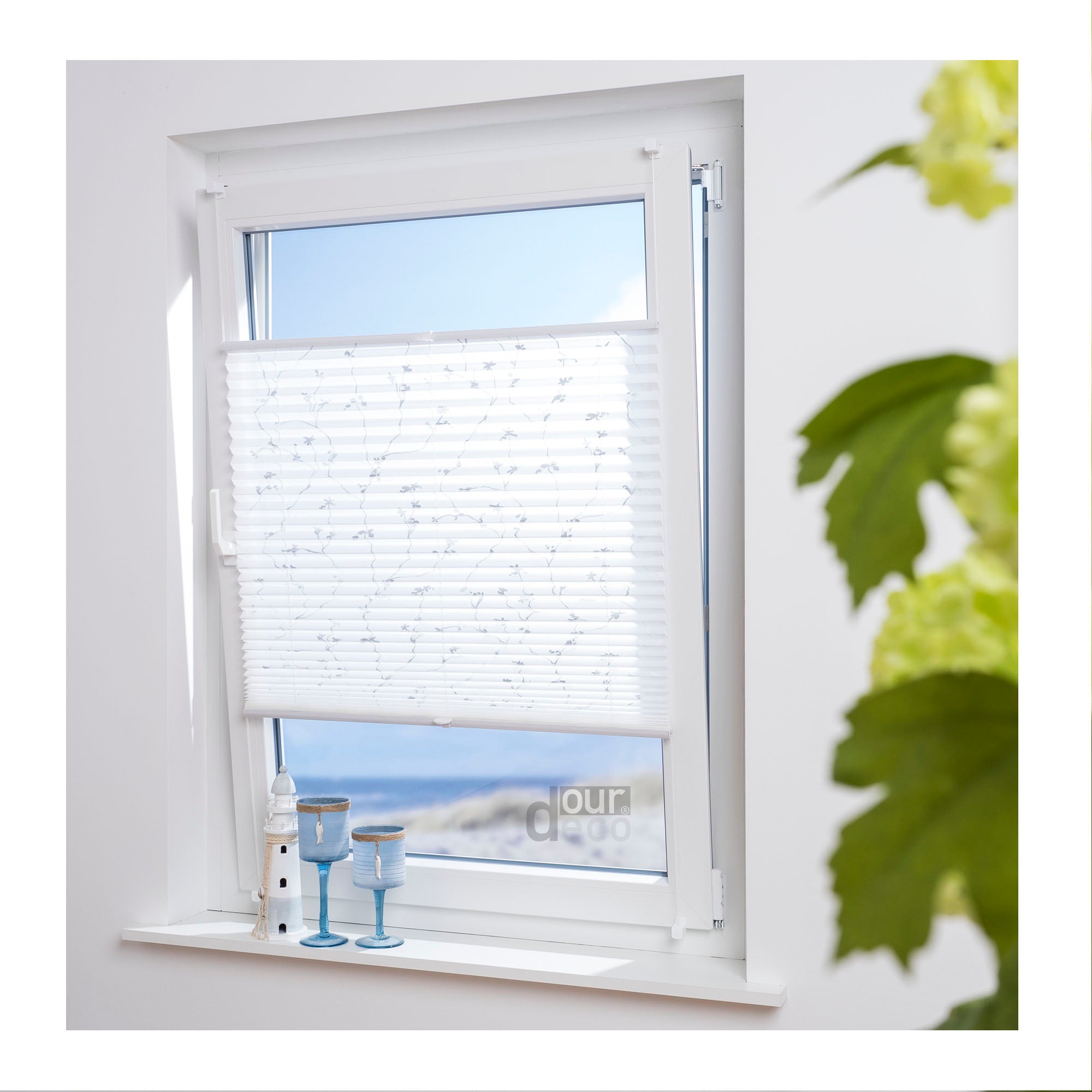 ourdeco® Klemmfix Plissee ohne Bohren für Fenster oder Türen Druckmotiv Ranke weiß | grau