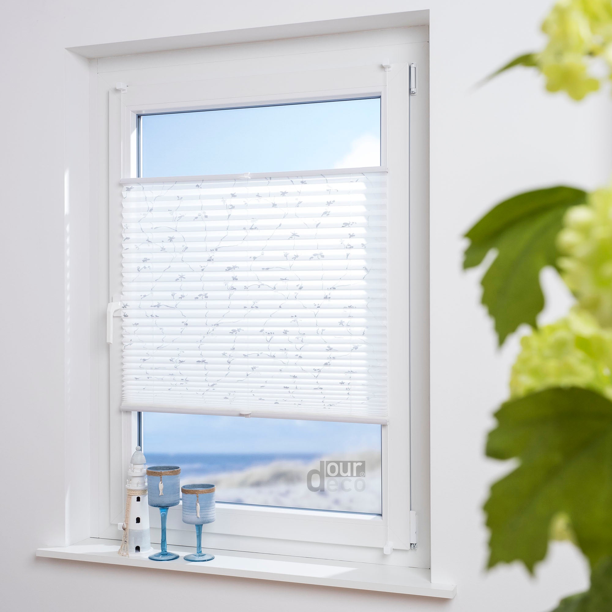 ourdeco® Klemmfix Plissee ohne Bohren für Fenster oder Türen Druckmotiv Ranke weiß | grau