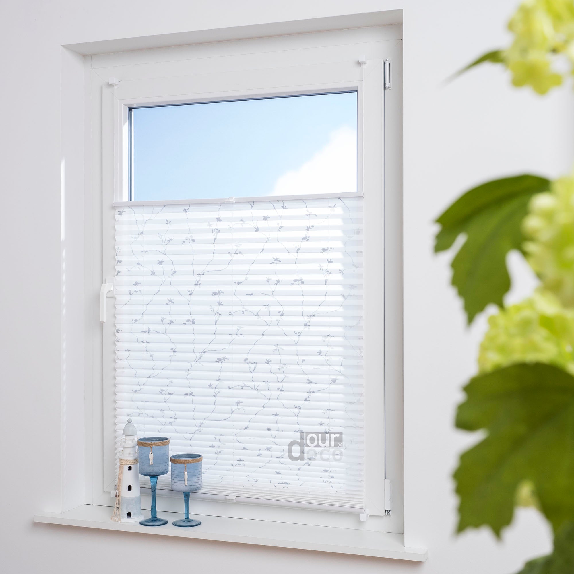 ourdeco® Klemmfix Plissee ohne Bohren für Fenster oder Türen Druckmotiv Ranke weiß | grau