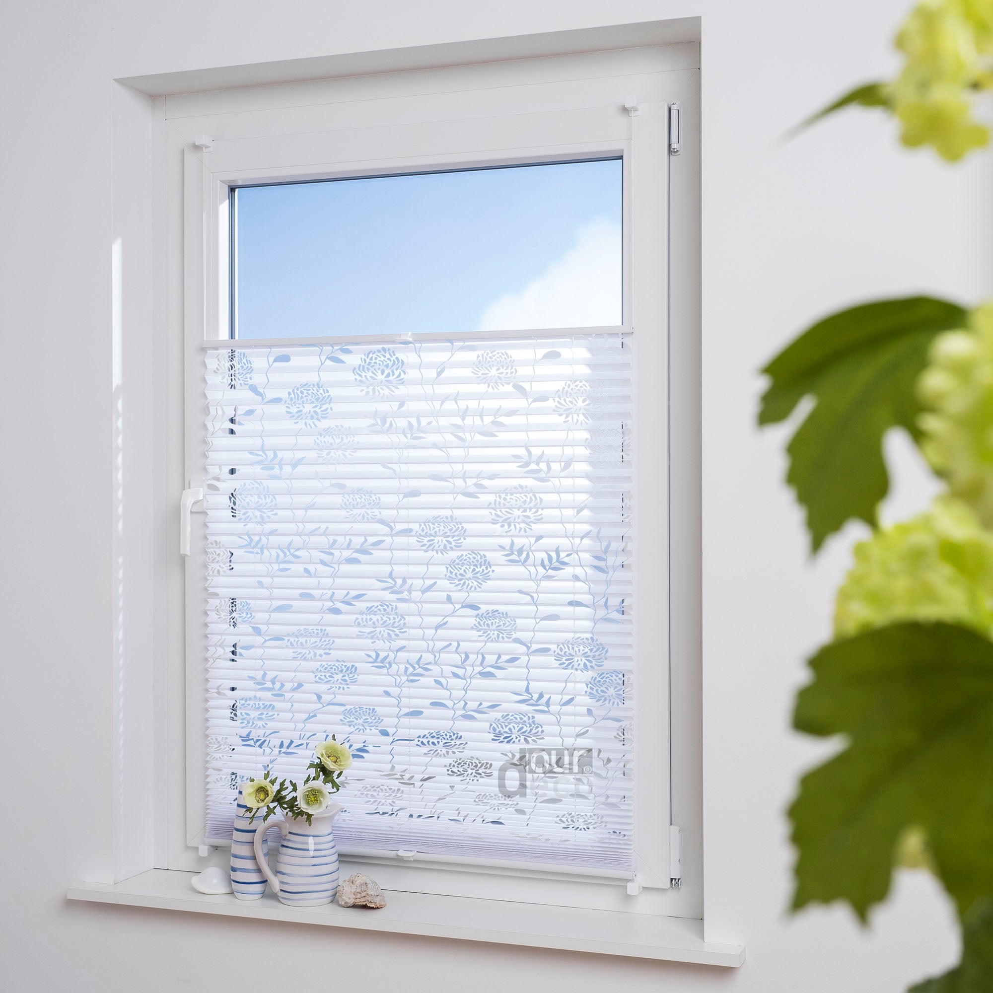 ourdeco® Klemmfix Plissee Ausbrenner, dekorative, moderne Stile - Waitara, Blatt, Symphonie und Blume, Montage mit Klemmträgern ohne Bohren