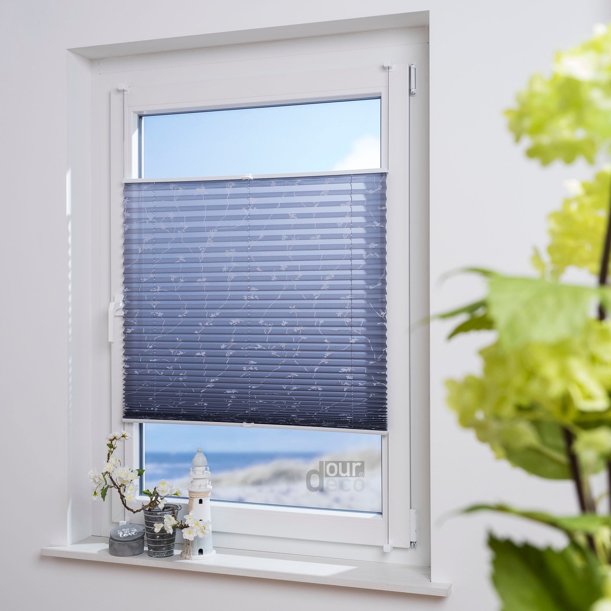 ourdeco® Klemmfix Plissee ohne Bohren für Fenster oder Türen Druckmotiv Ranke weiß | grau