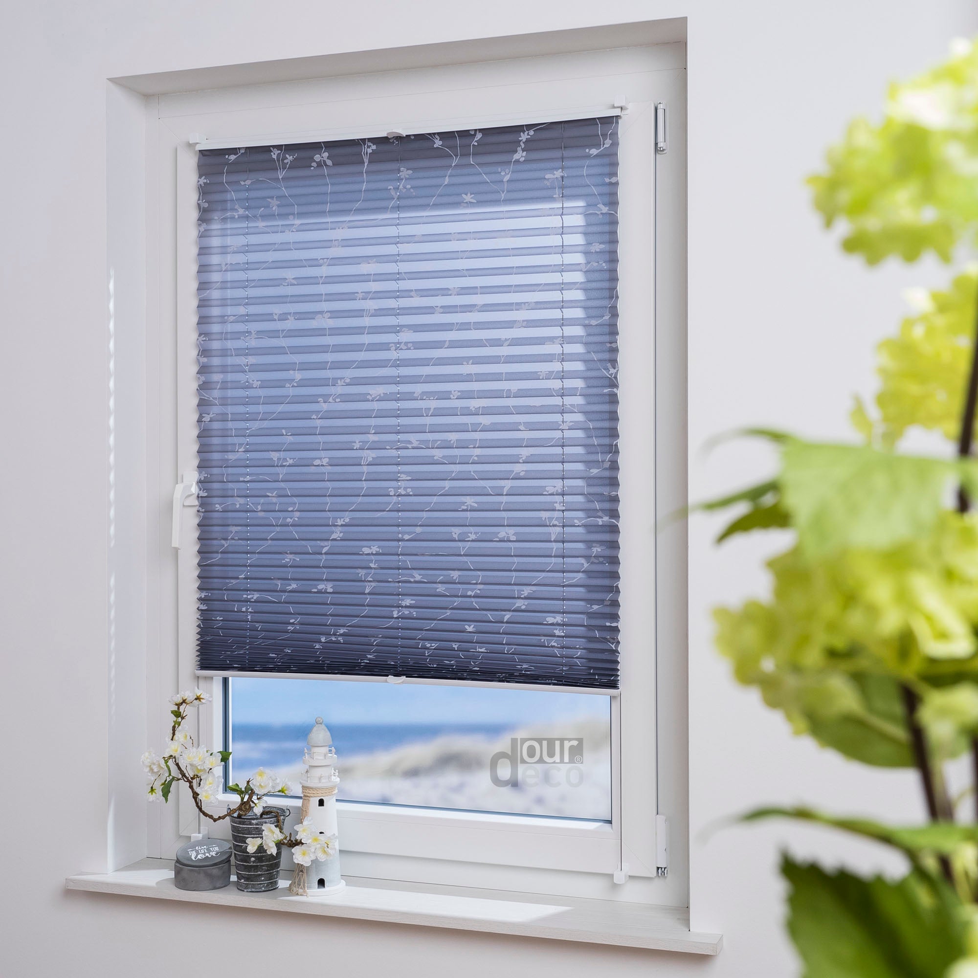 ourdeco® Klemmfix Plissee ohne Bohren für Fenster oder Türen Druckmotiv Ranke weiß | grau