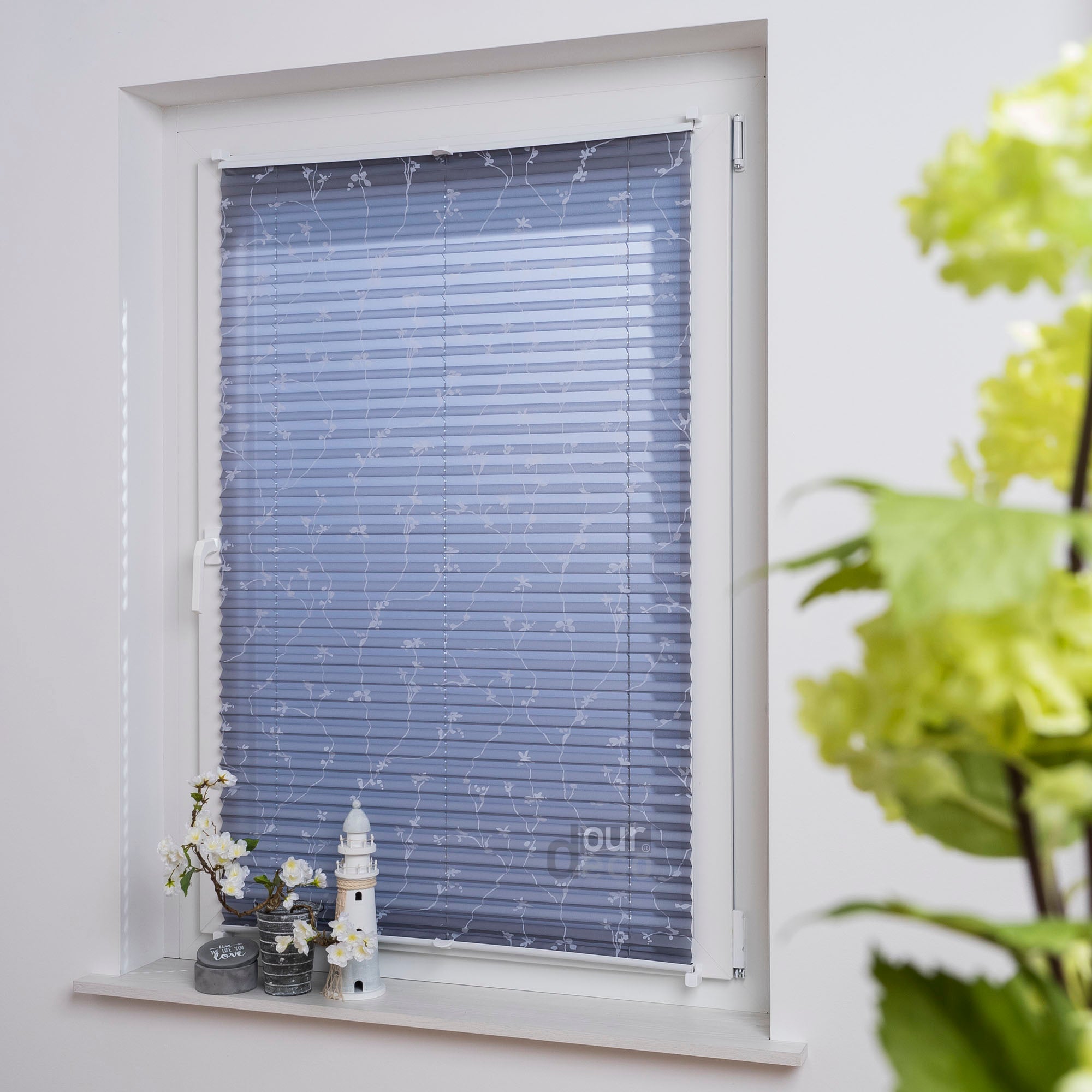 ourdeco® Klemmfix Plissee ohne Bohren für Fenster oder Türen Druckmotiv Ranke weiß | grau