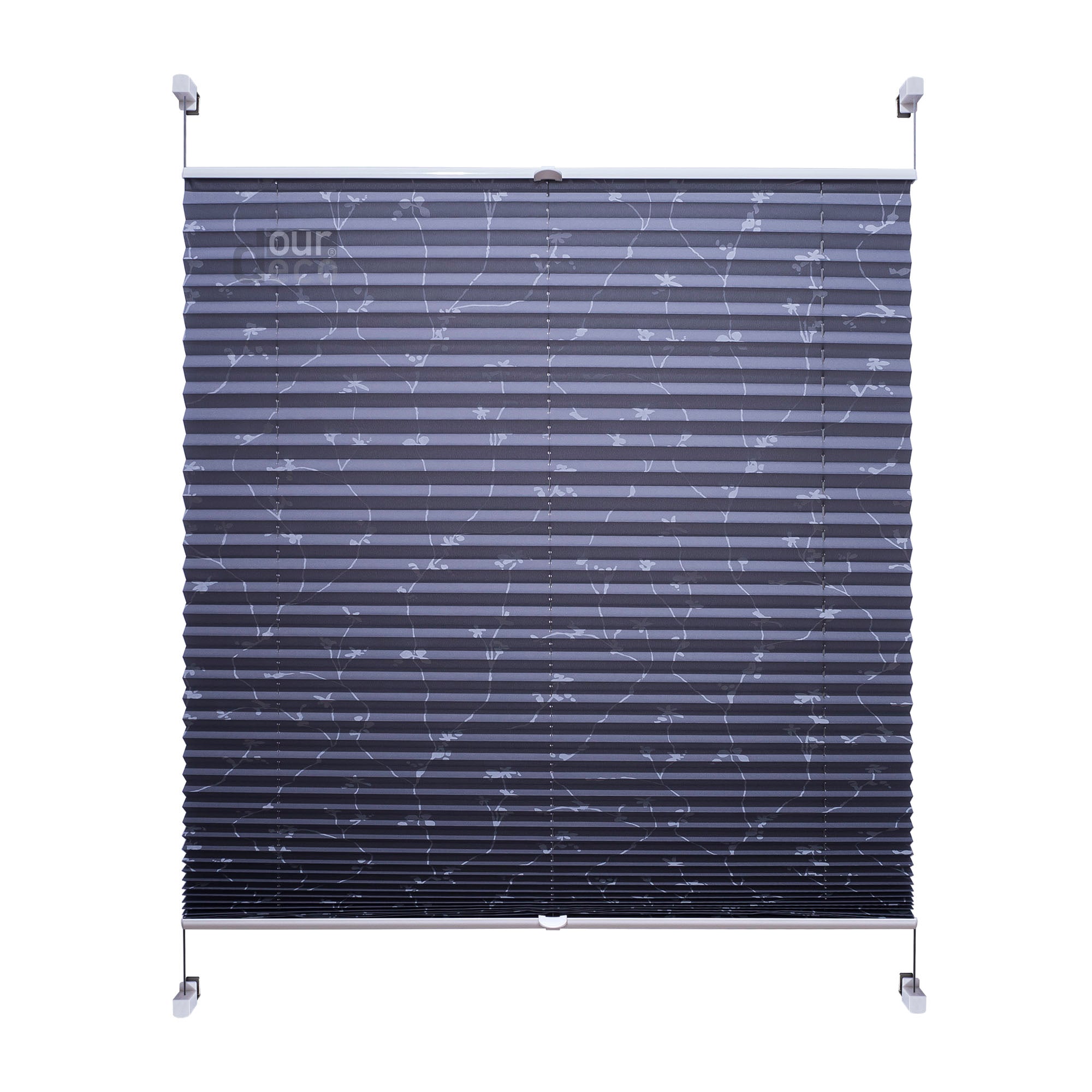 ourdeco® Klemmfix Plissee ohne Bohren für Fenster oder Türen Druckmotiv Ranke weiß | grau
