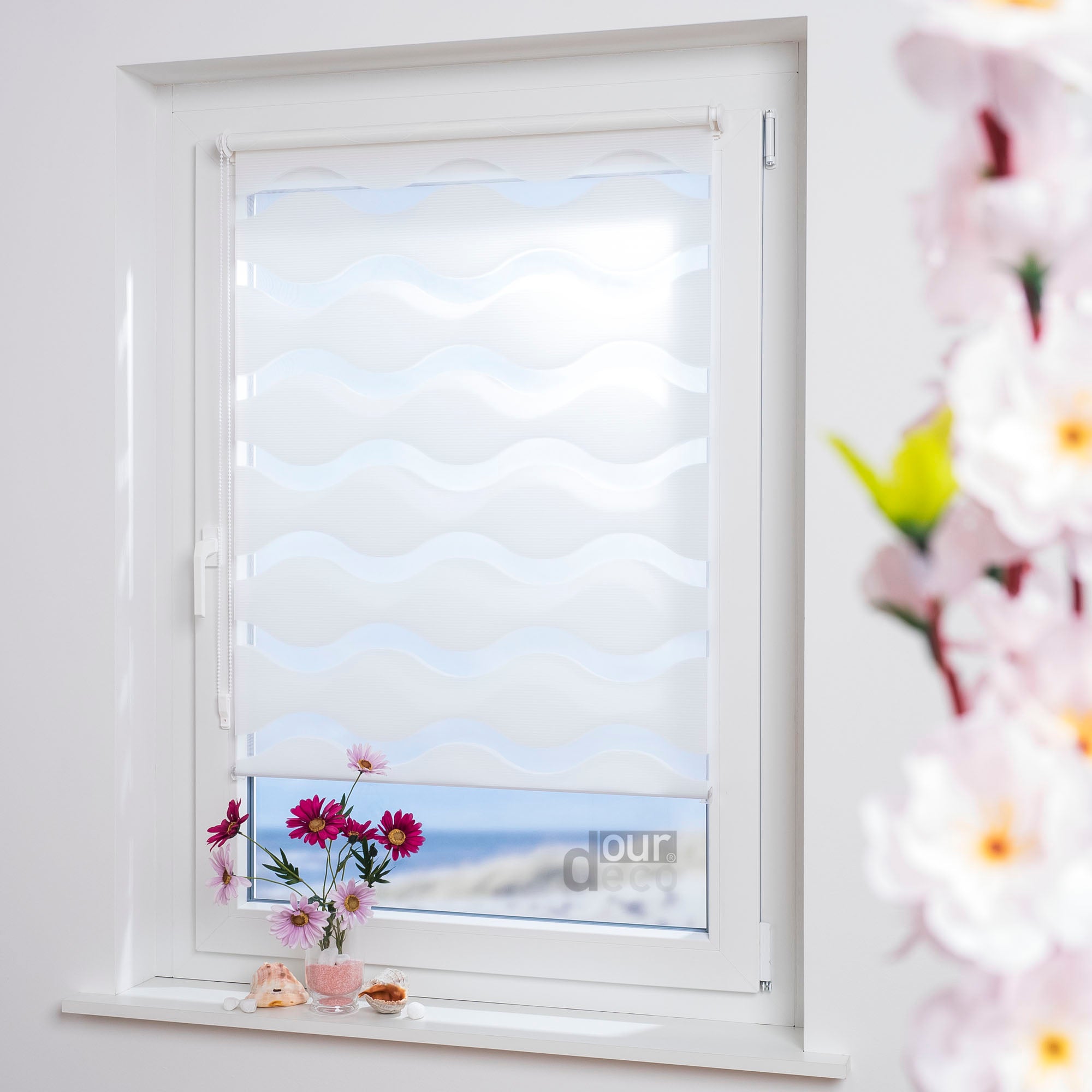 ourdeco® Doppel-Rollo Wave, Duo-Rollo, lichtdurchlässig, blickdicht, Montage ohne Bohren, verschiedene Farben und Größen