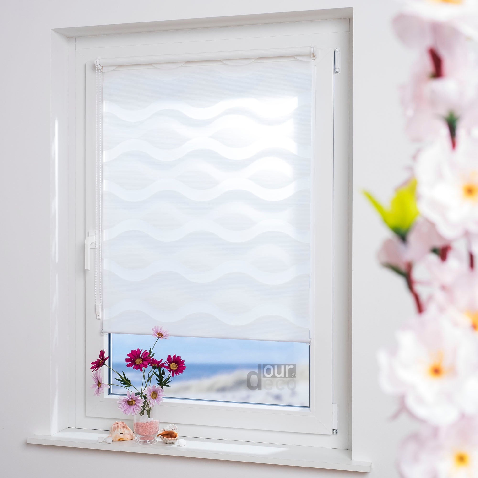 ourdeco® Doppel-Rollo Wave, Duo-Rollo, lichtdurchlässig, blickdicht, Montage ohne Bohren, verschiedene Farben und Größen