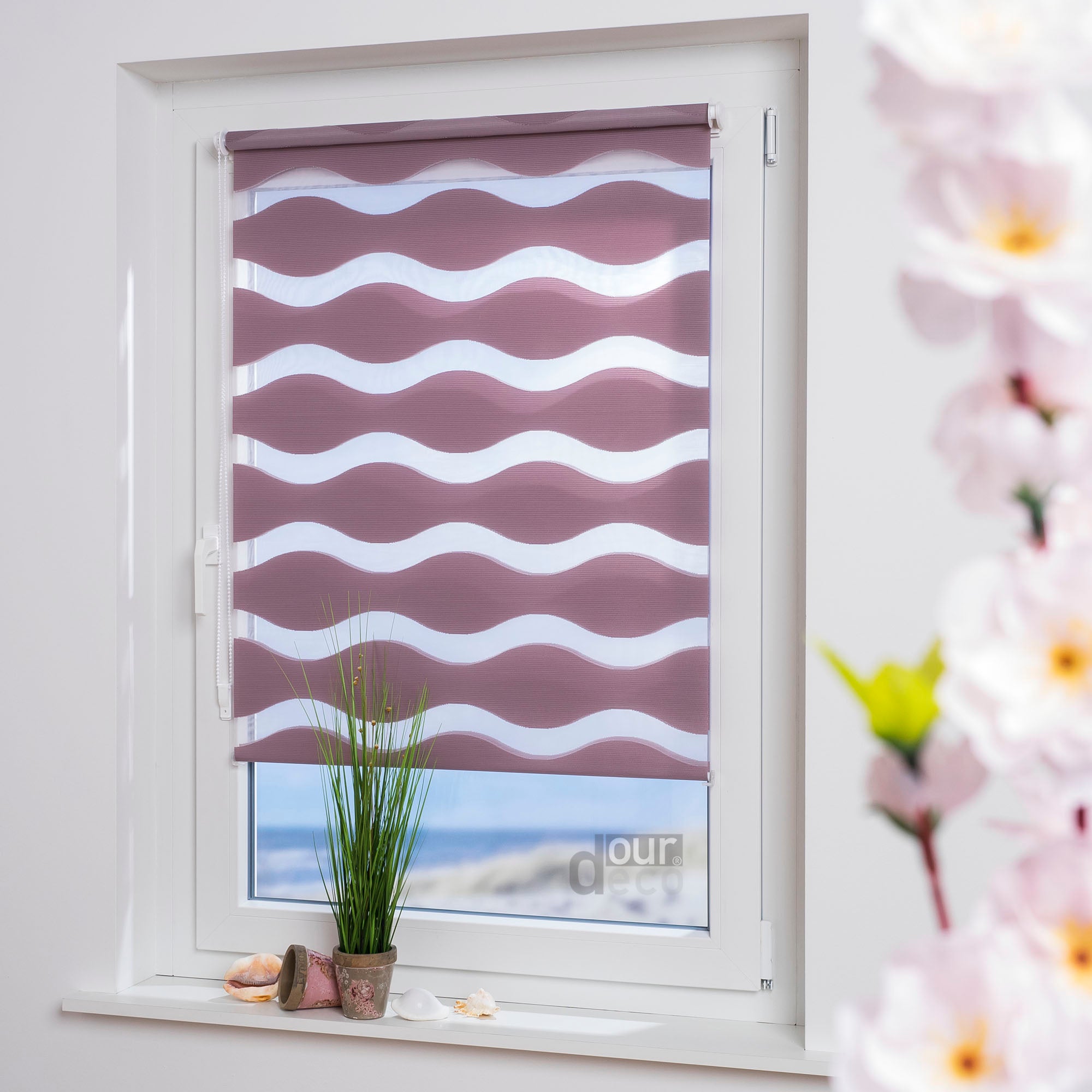 ourdeco® Doppel-Rollo Wave, Duo-Rollo, lichtdurchlässig, blickdicht, Montage ohne Bohren, verschiedene Farben und Größen