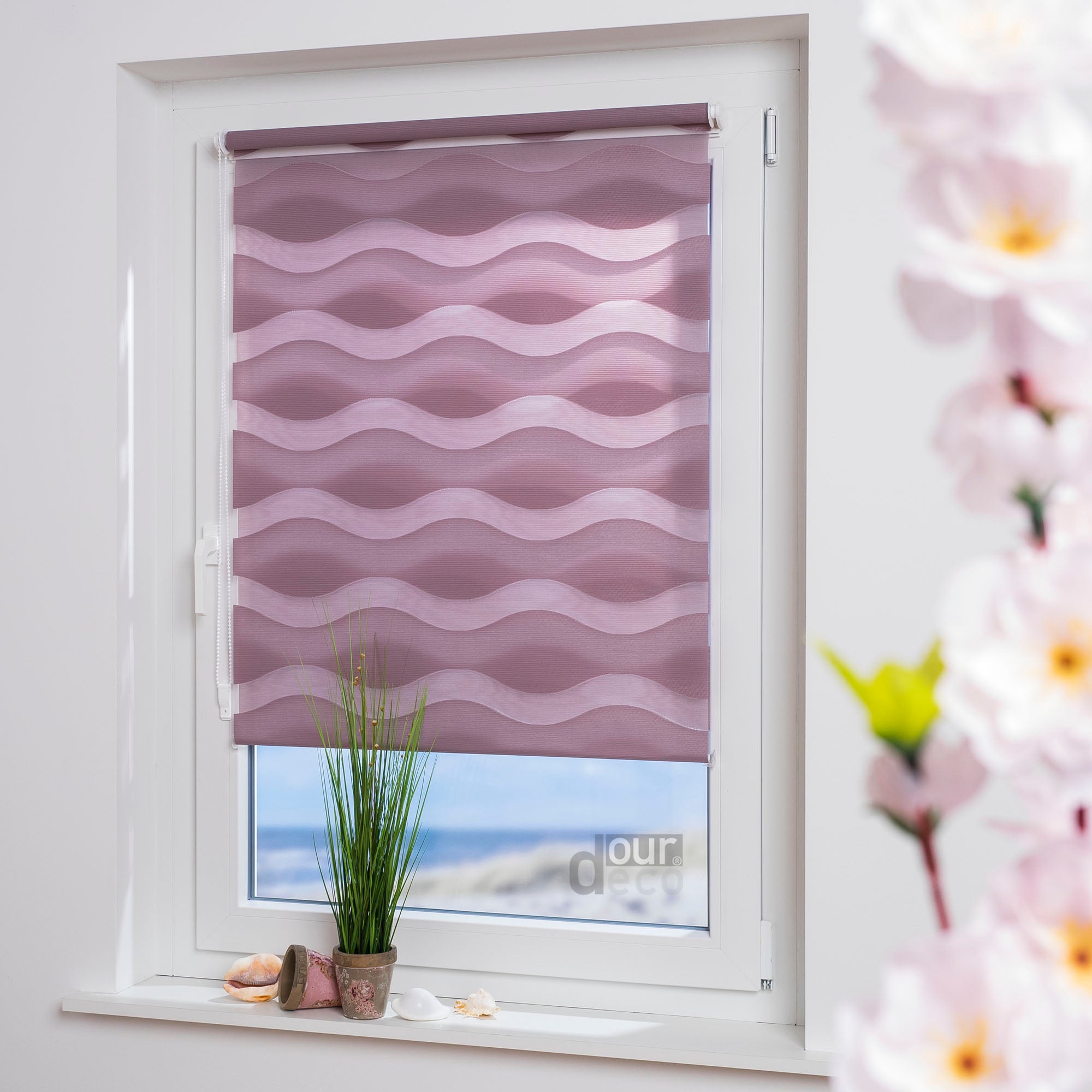 ourdeco® Doppel-Rollo Wave, Duo-Rollo, lichtdurchlässig, blickdicht, Montage ohne Bohren, verschiedene Farben und Größen