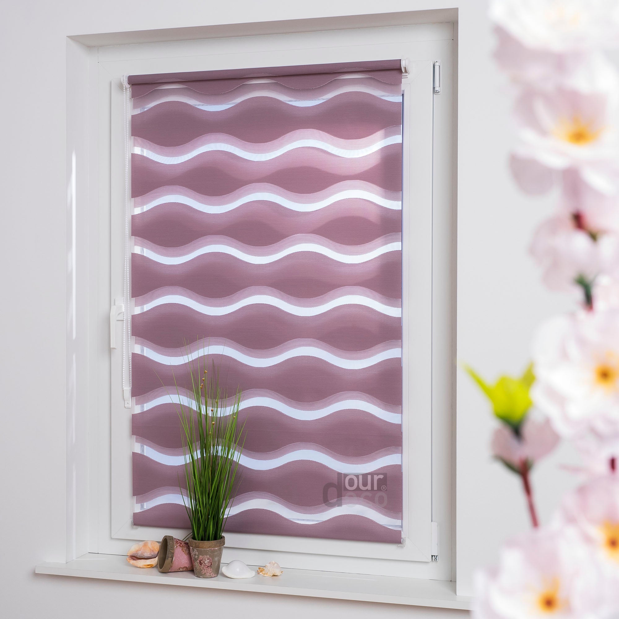 ourdeco® Doppel-Rollo Wave, Duo-Rollo, lichtdurchlässig, blickdicht, Montage ohne Bohren, verschiedene Farben und Größen