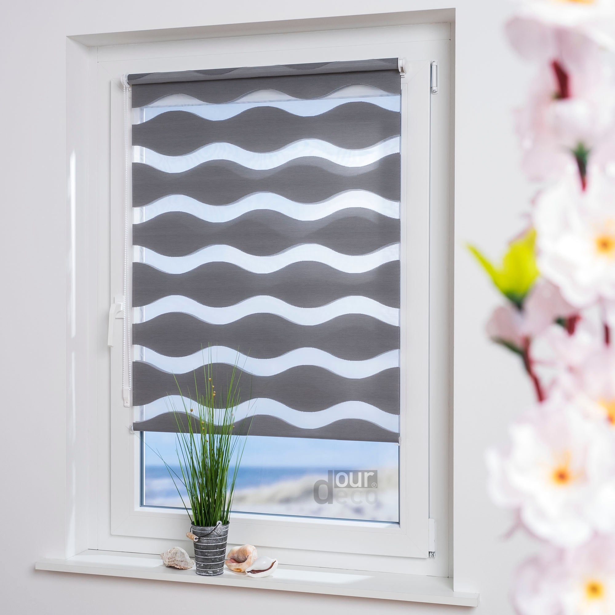 ourdeco® Doppel-Rollo Wave, Duo-Rollo, lichtdurchlässig, blickdicht, Montage ohne Bohren, verschiedene Farben und Größen