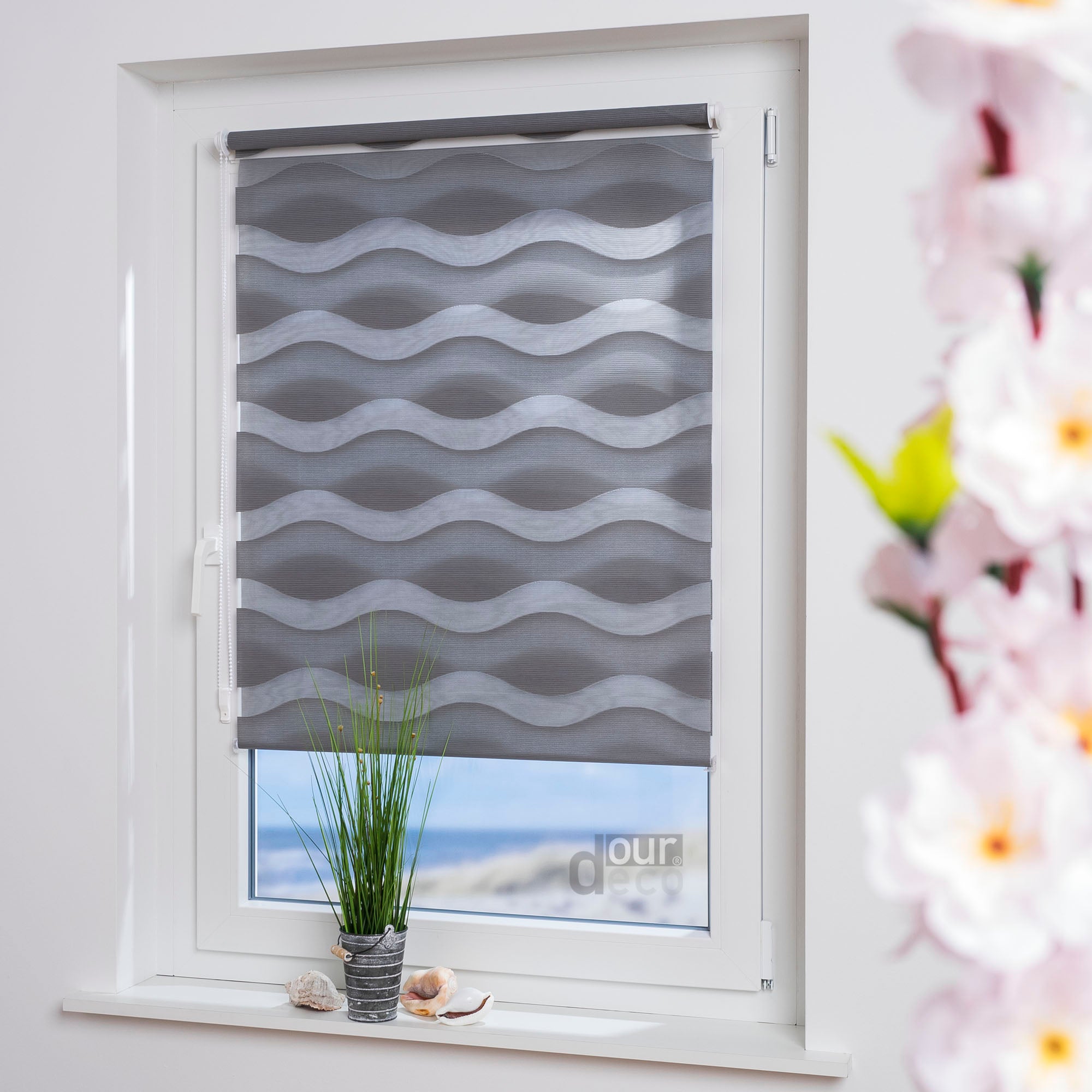 ourdeco® Doppel-Rollo Wave, Duo-Rollo, lichtdurchlässig, blickdicht, Montage ohne Bohren, verschiedene Farben und Größen