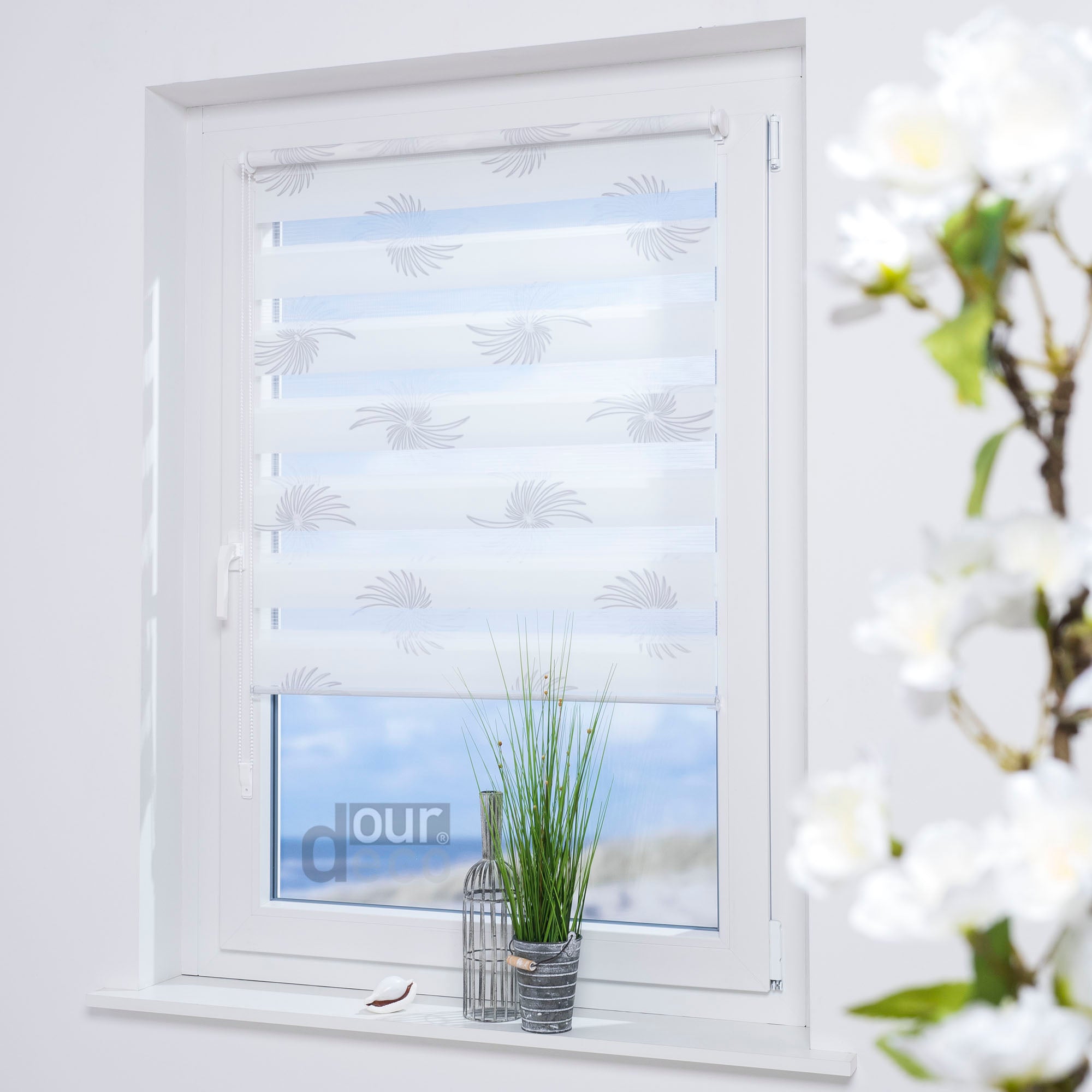 ourdeco® Doppel-Rollo Druckmotiv Blume oder Aster, Duo-Rollo, lichtdurchlässig, blickdicht, Montage ohne Bohren, verschiedene Größen