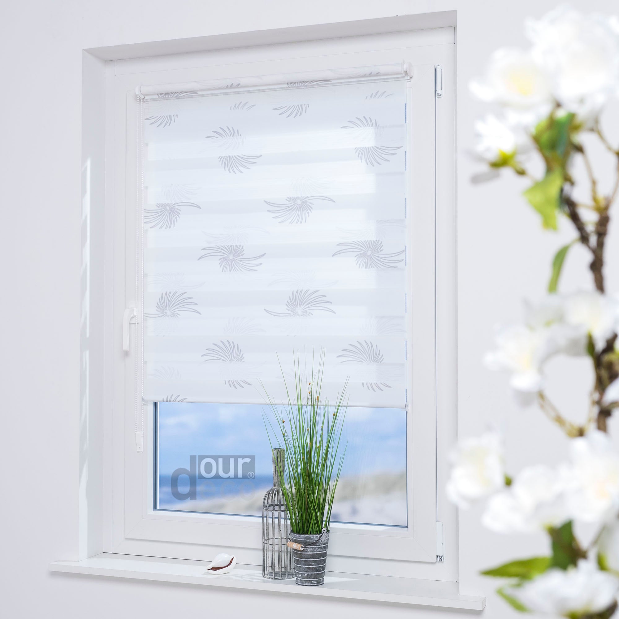 ourdeco® Doppel-Rollo Druckmotiv Blume oder Aster, Duo-Rollo, lichtdurchlässig, blickdicht, Montage ohne Bohren, verschiedene Größen