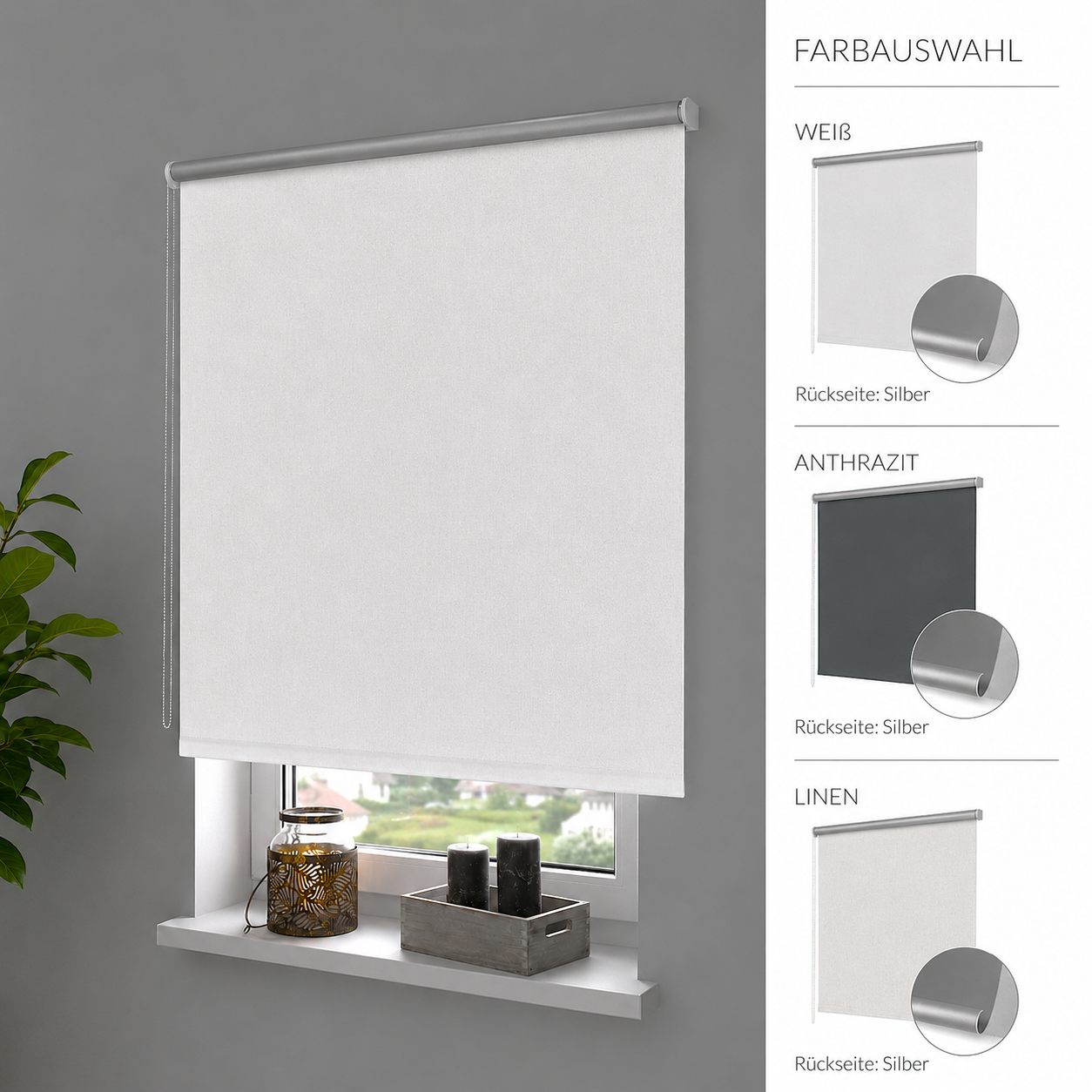 ourdeco® Seitenzugrollo | verdunkelnd | Thermo-Beschichtung | weiß, anthrazit, linen