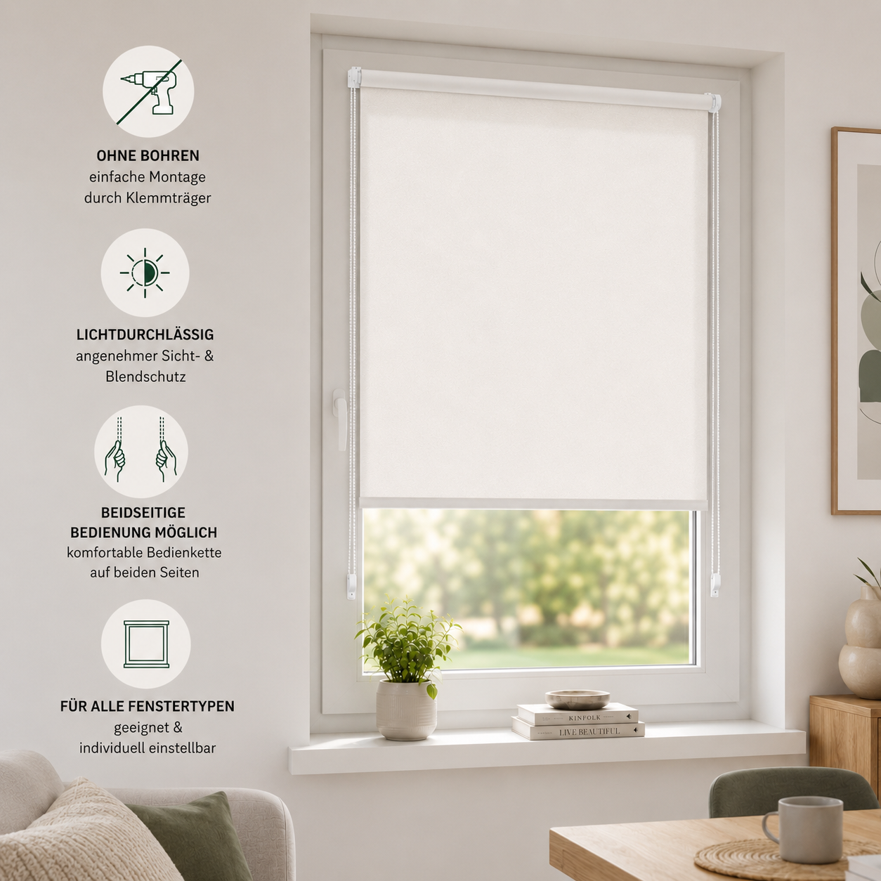 ourdeco® Klemmfix-Rollo | lichtdurchlässig | ohne Bohren | verschiedene Farben und Größen