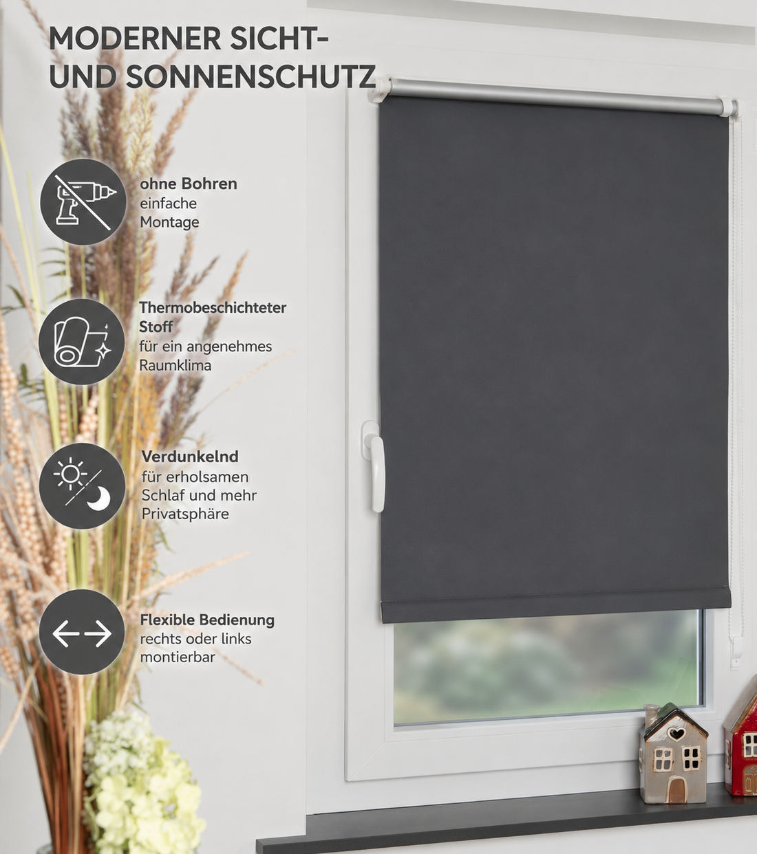 ourdeco® Klemmfix-Rollo | verdunkelnd | Thermo-Beschichtung | ohne Bohren | verschiedene Farben und Größen