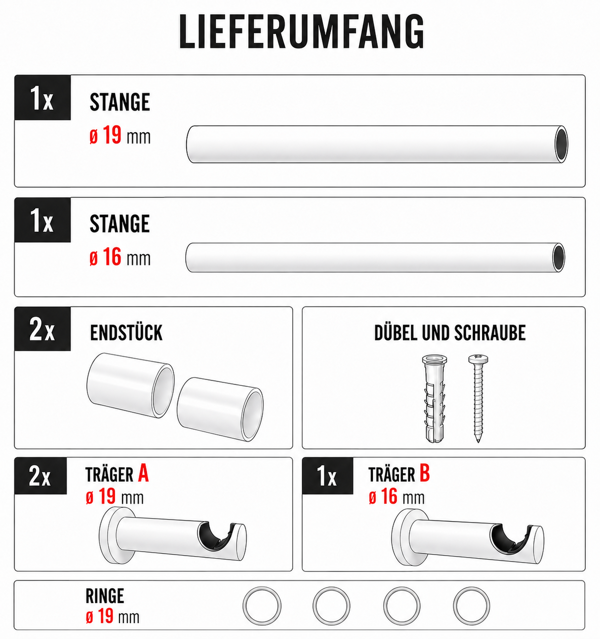 ourdeco® Fertiggarnitur Kugel Set | ausziehbar | Ø 16/19 mm | verschiedene Größen und Farben