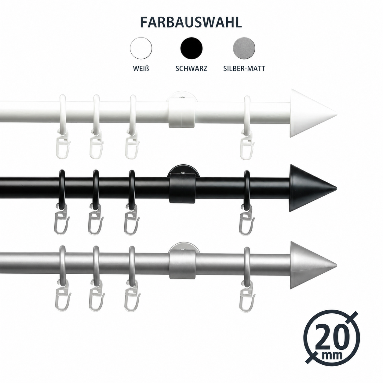 ourdeco® Fertiggarnitur Kegel | Ø 20 mm | Set inkl. Ringe und Träger | verschiedene Größen |weiß, schwarz, silber-matt