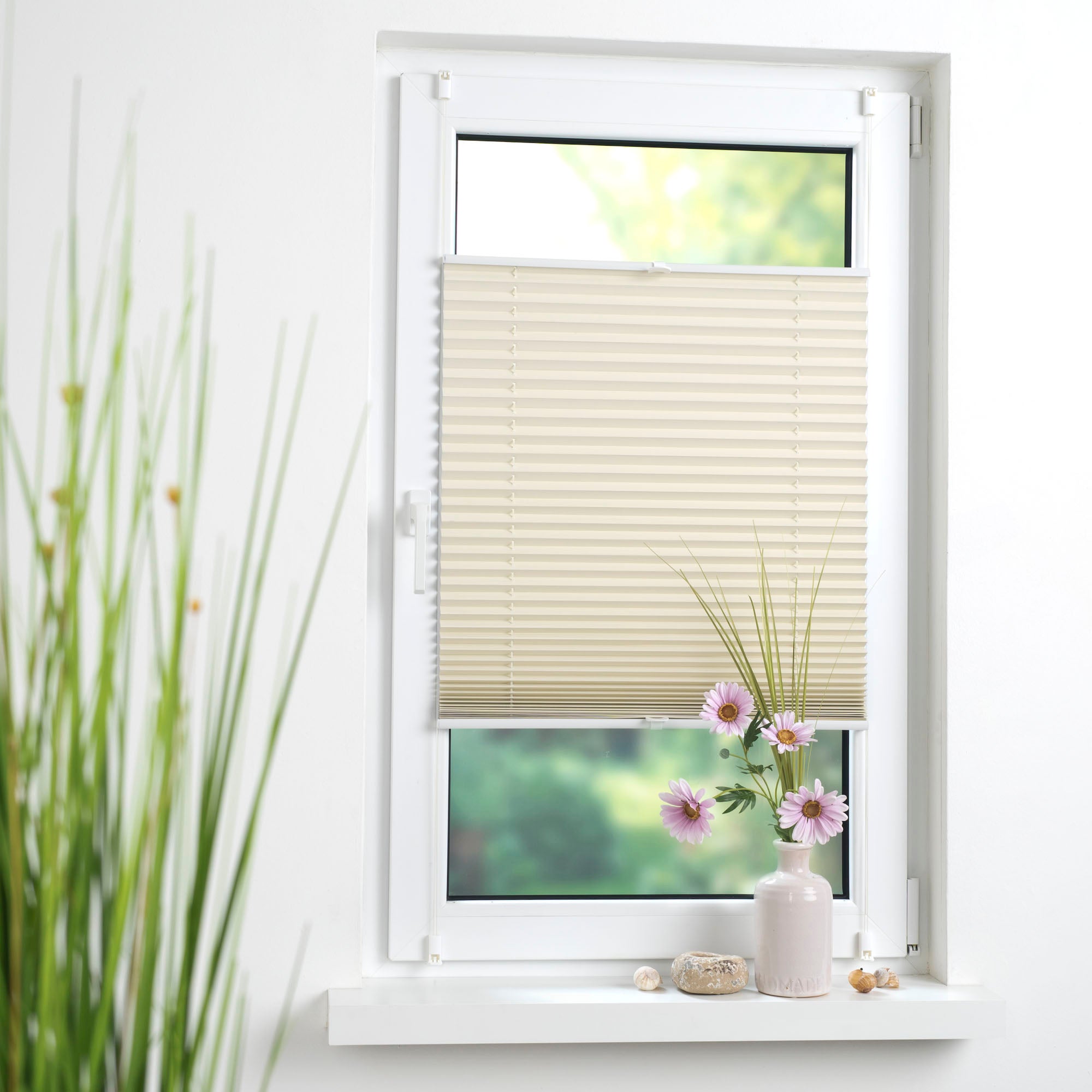 ourdeco® Klemmfix-Plissee | verdunkelnd | Thermo-Beschichtung | ohne Bohren | Metallklemmträger |verschieden Größen | weiß, beige