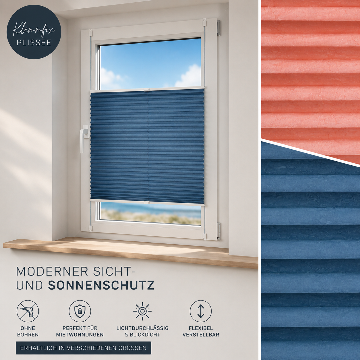 ourdeco® Klemmfix-Plissee | ohne Bohren | Jeansblue, Lachs