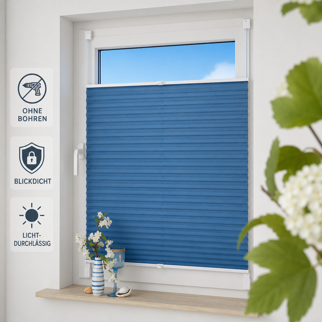 ourdeco® Klemmfix-Plissee | ohne Bohren | Jeansblue, Lachs