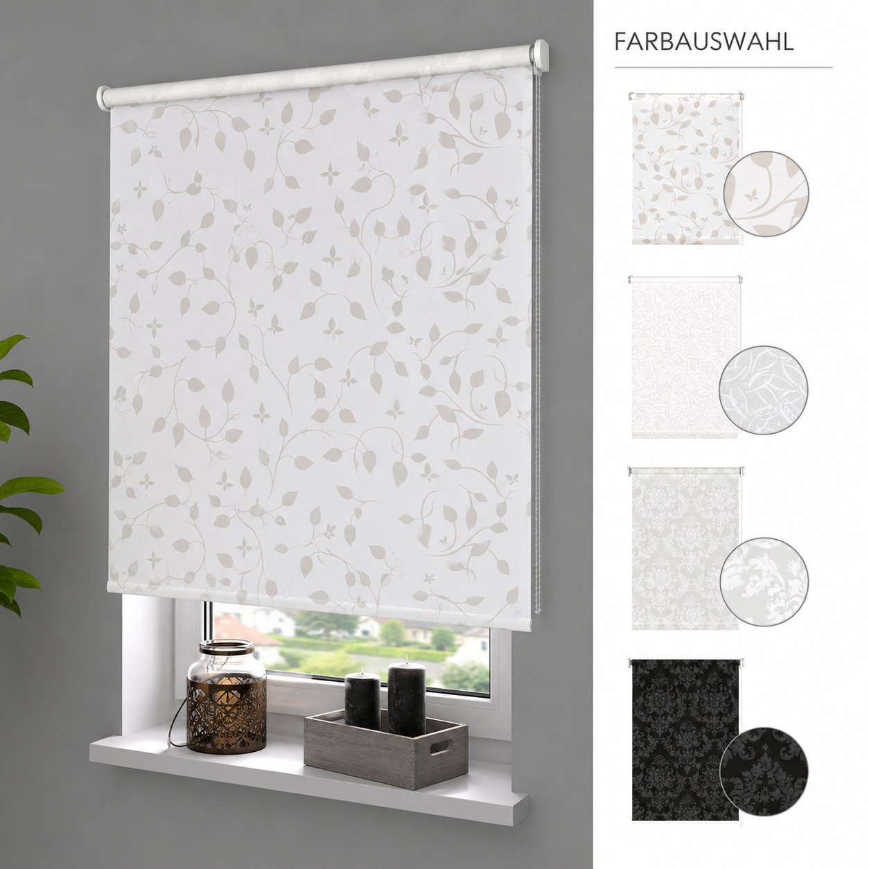 ourdeco® Seitenzugrollo Dekor | lichtdurchlässig | Druck Blätter , Ranke weiß/taupe, Ornament Ivory & Graphite