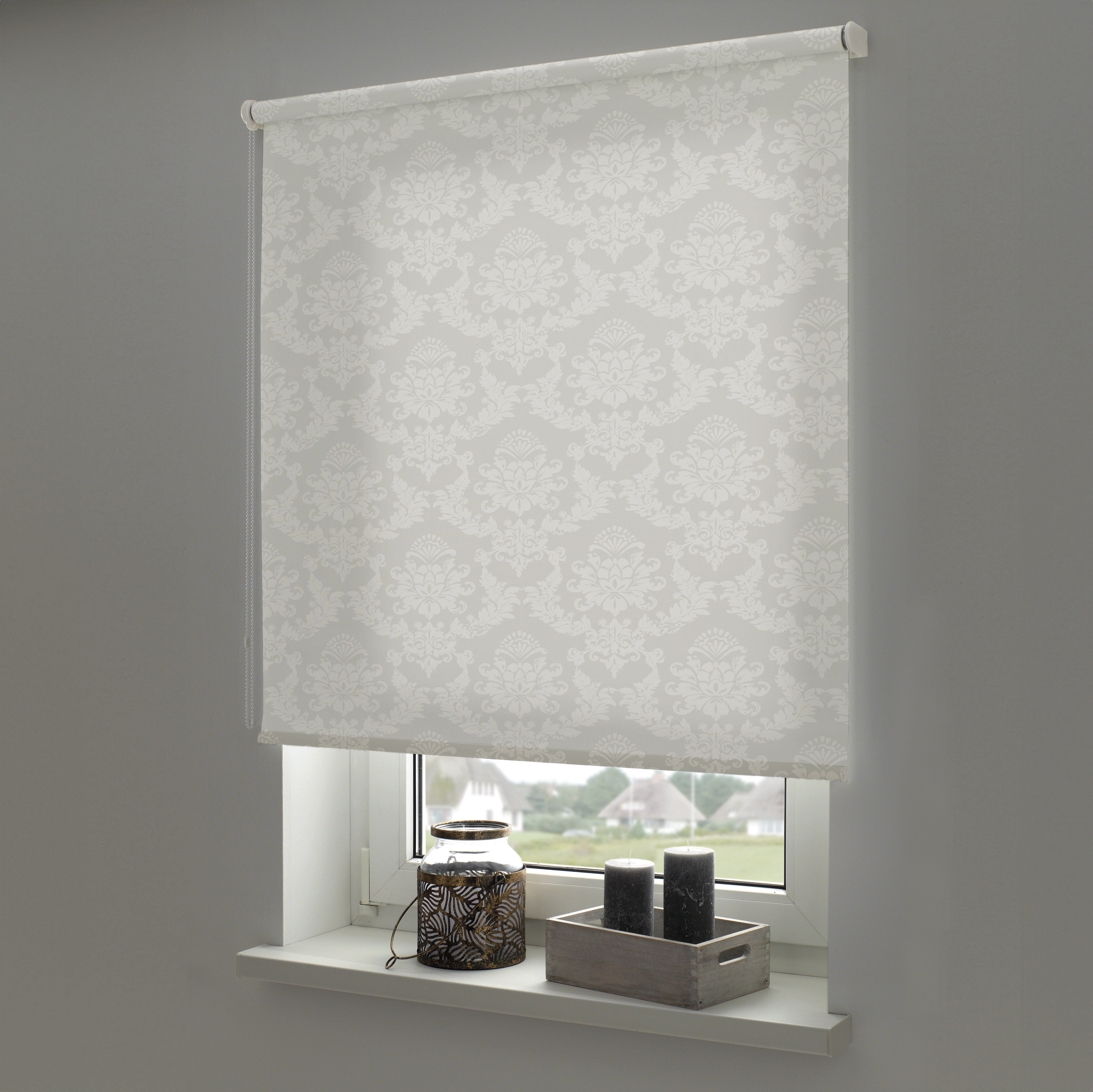 ourdeco® Seitenzugrollo Dekor | lichtdurchlässig | Druck Blätter , Ranke weiß/taupe, Ornament Ivory & Graphite