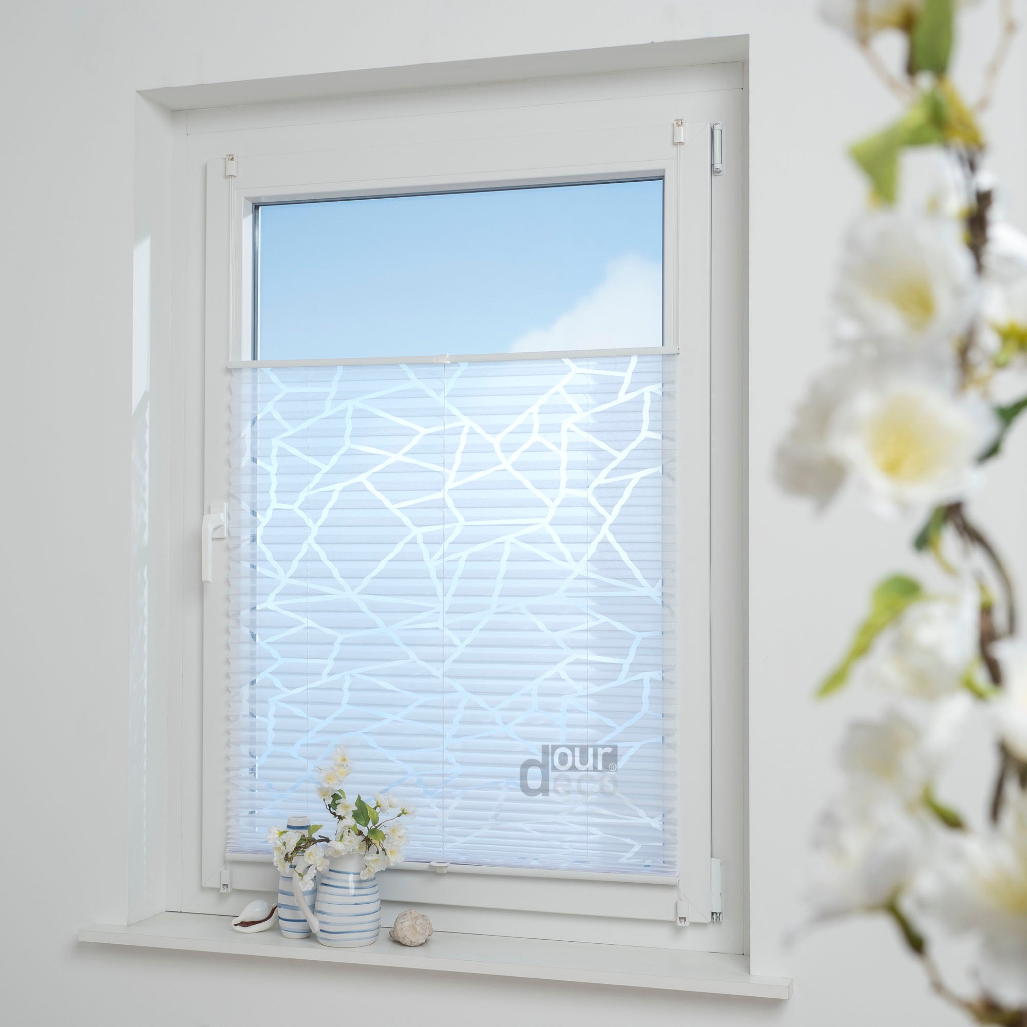 ourdeco® Plissee Ausbrenner, Dekorative, weiße, moderne Stile - Waitara, Ranke-Blatt und Symphonie, Vielen Größen, Montage mit Klemmträgern ohne Bohren