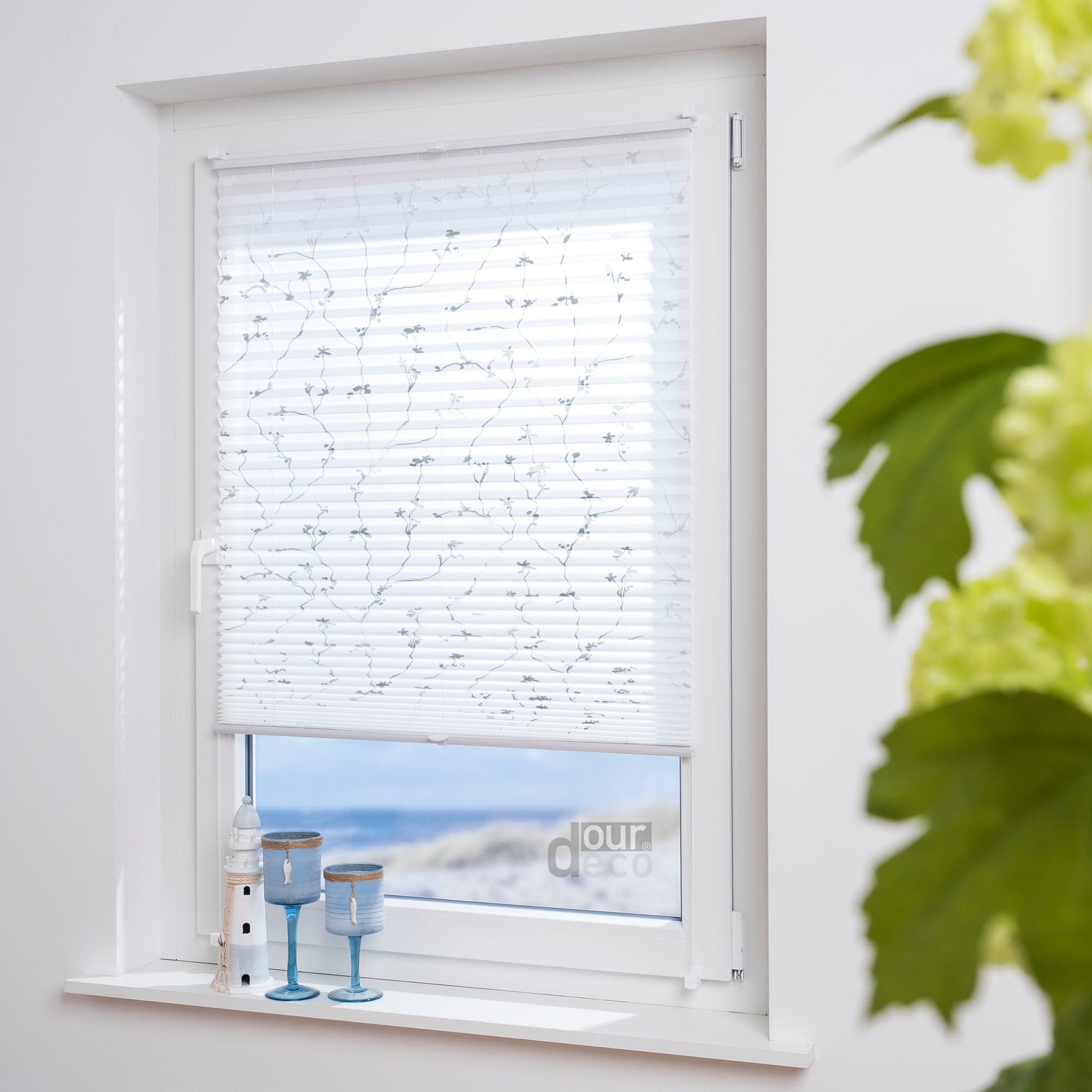ourdeco® Klemmfix Plissee ohne Bohren für Fenster  oder Türen Druckmotiv Ranke weiß | grau