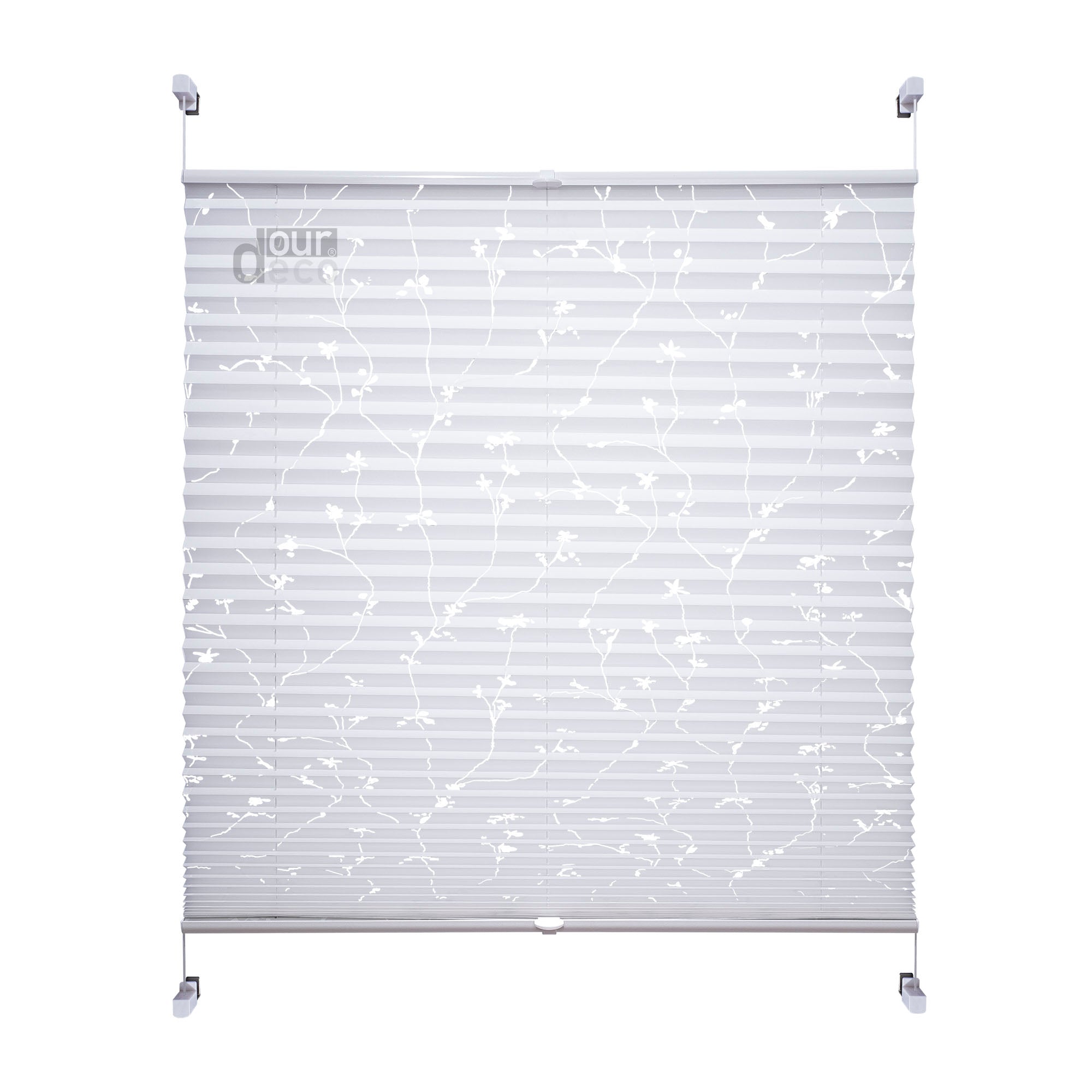 ourdeco® Klemmfix Plissee ohne Bohren für Fenster  oder Türen Druckmotiv Ranke weiß | grau
