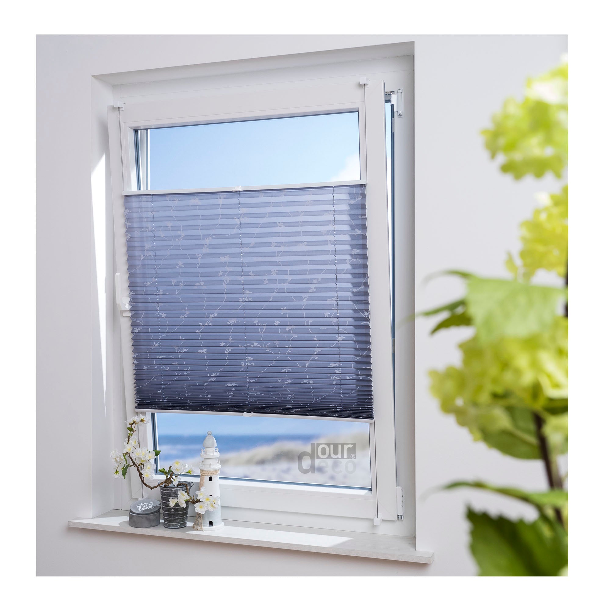 ourdeco® Klemmfix Plissee ohne Bohren für Fenster  oder Türen Druckmotiv Ranke weiß | grau