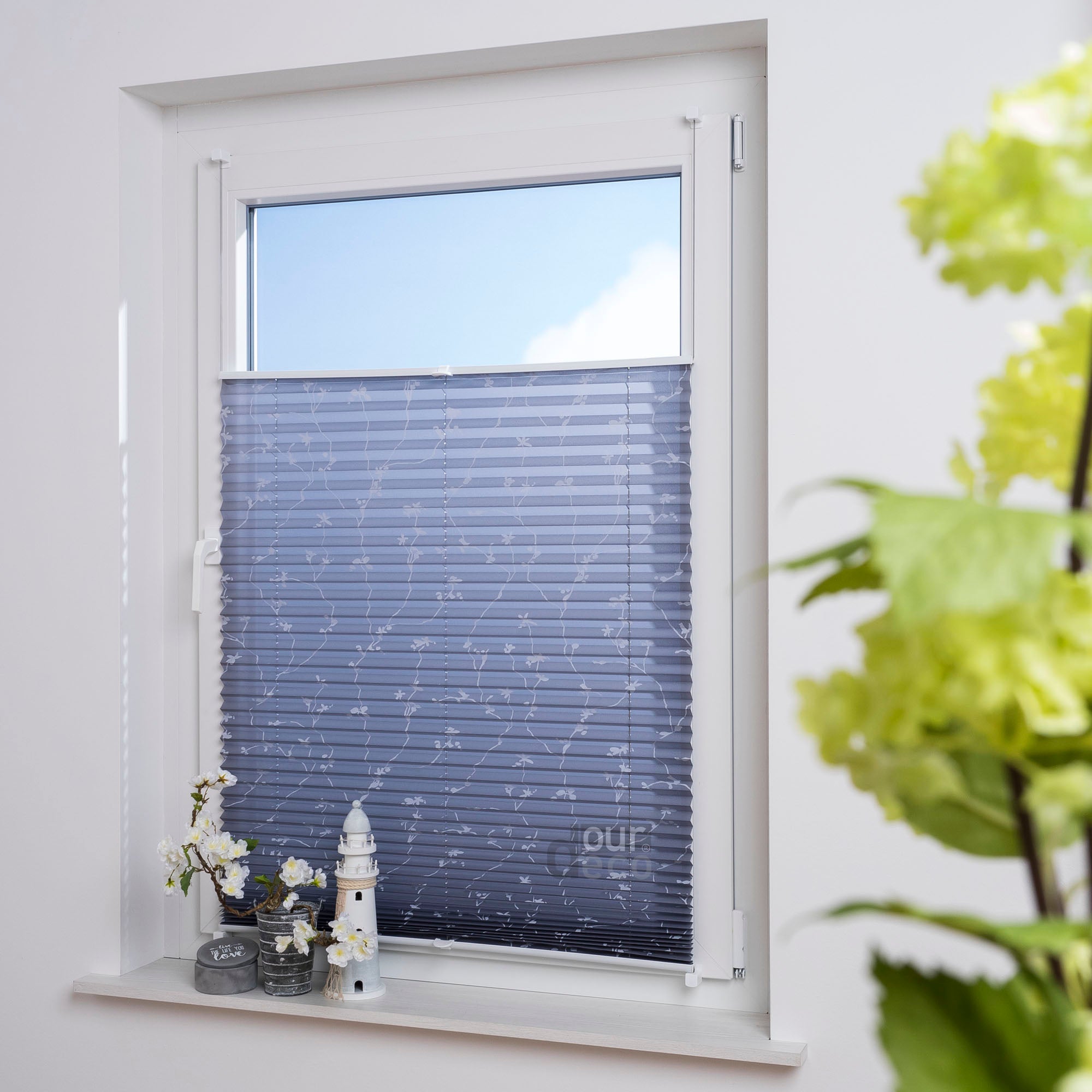 ourdeco® Klemmfix Plissee ohne Bohren für Fenster  oder Türen Druckmotiv Ranke weiß | grau