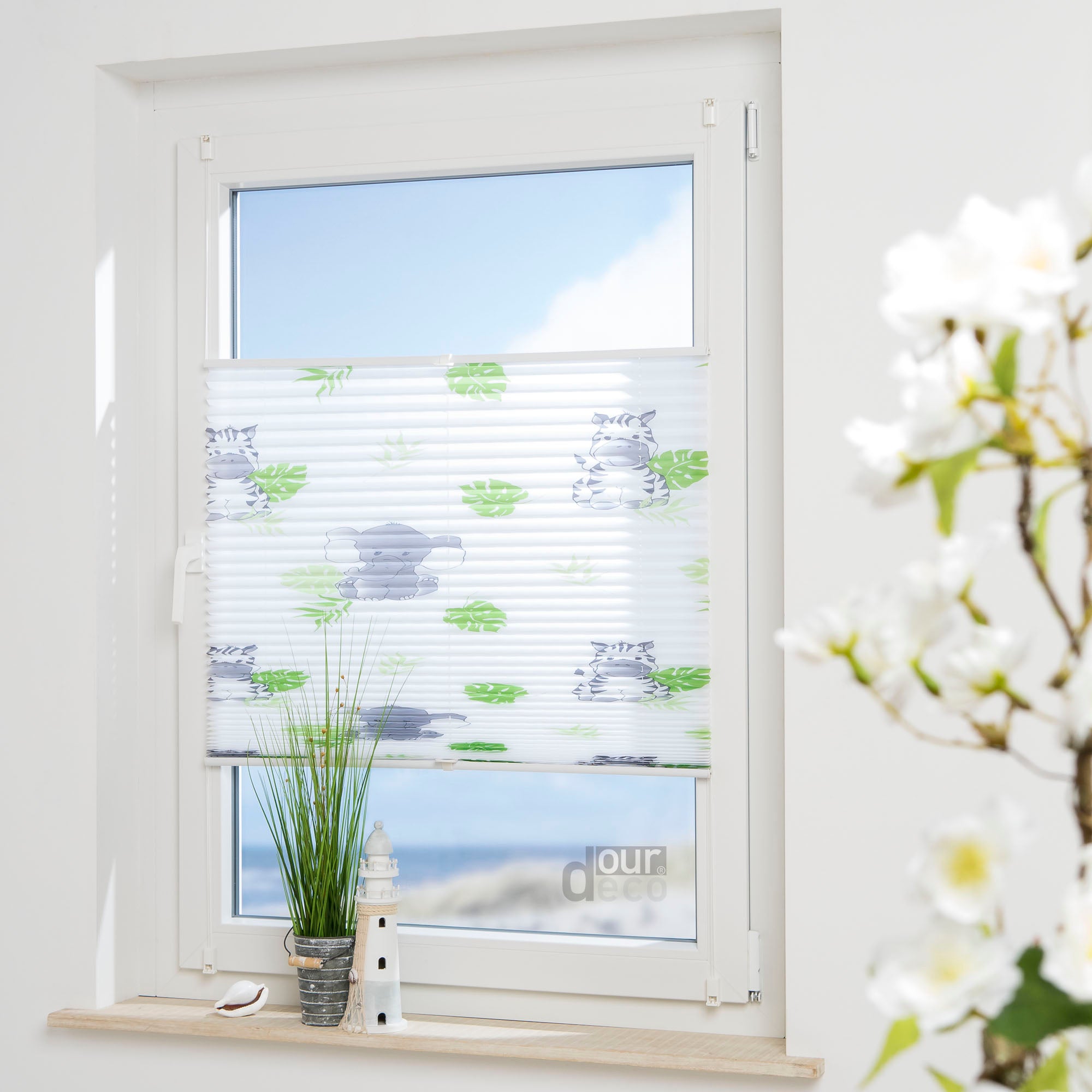 ourdeco® Kinder‑Plissee „Hanni und Luc“, weiß, lichtdurchlässig, einfache Klemmfix‑Montage ohne Bohren