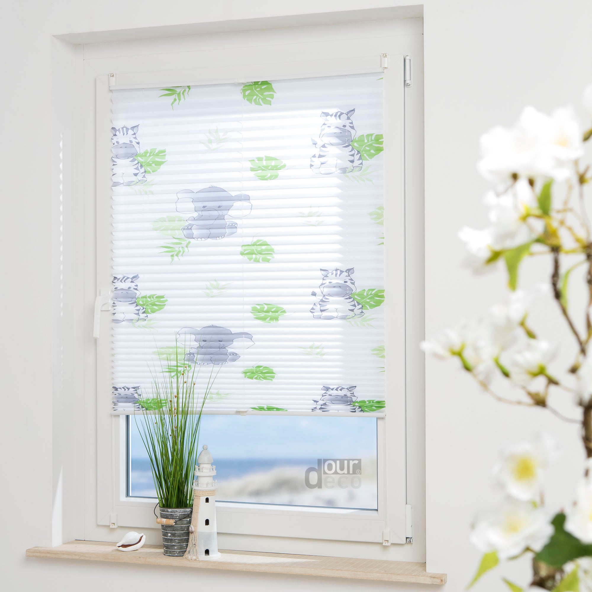 ourdeco® Kinder‑Plissee „Hanni und Luc“, weiß, lichtdurchlässig, einfache Klemmfix‑Montage ohne Bohren