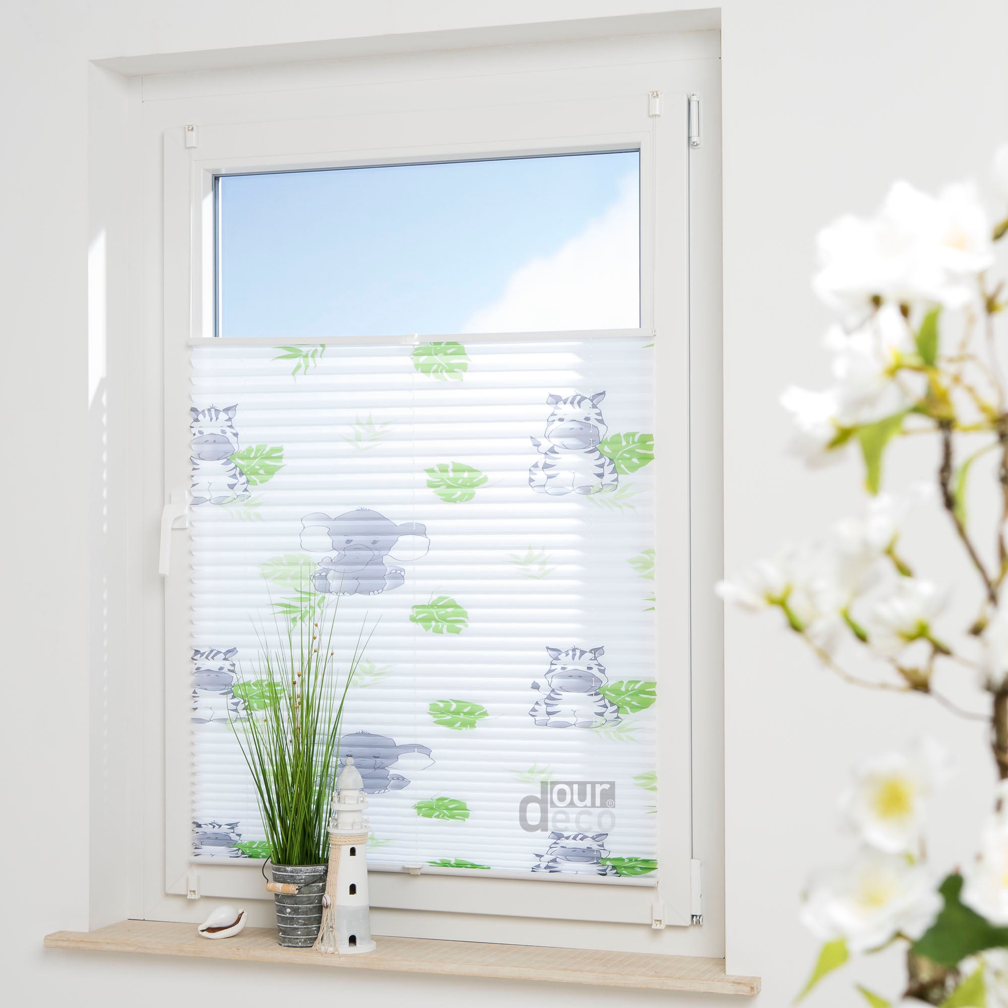 ourdeco® Kinder‑Plissee „Hanni und Luc“, weiß, lichtdurchlässig, einfache Klemmfix‑Montage ohne Bohren