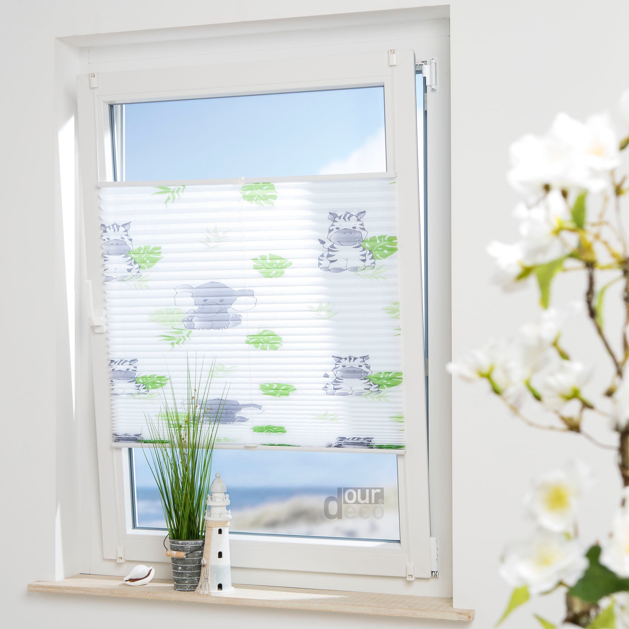 ourdeco® Kinder‑Plissee „Hanni und Luc“, weiß, lichtdurchlässig, einfache Klemmfix‑Montage ohne Bohren