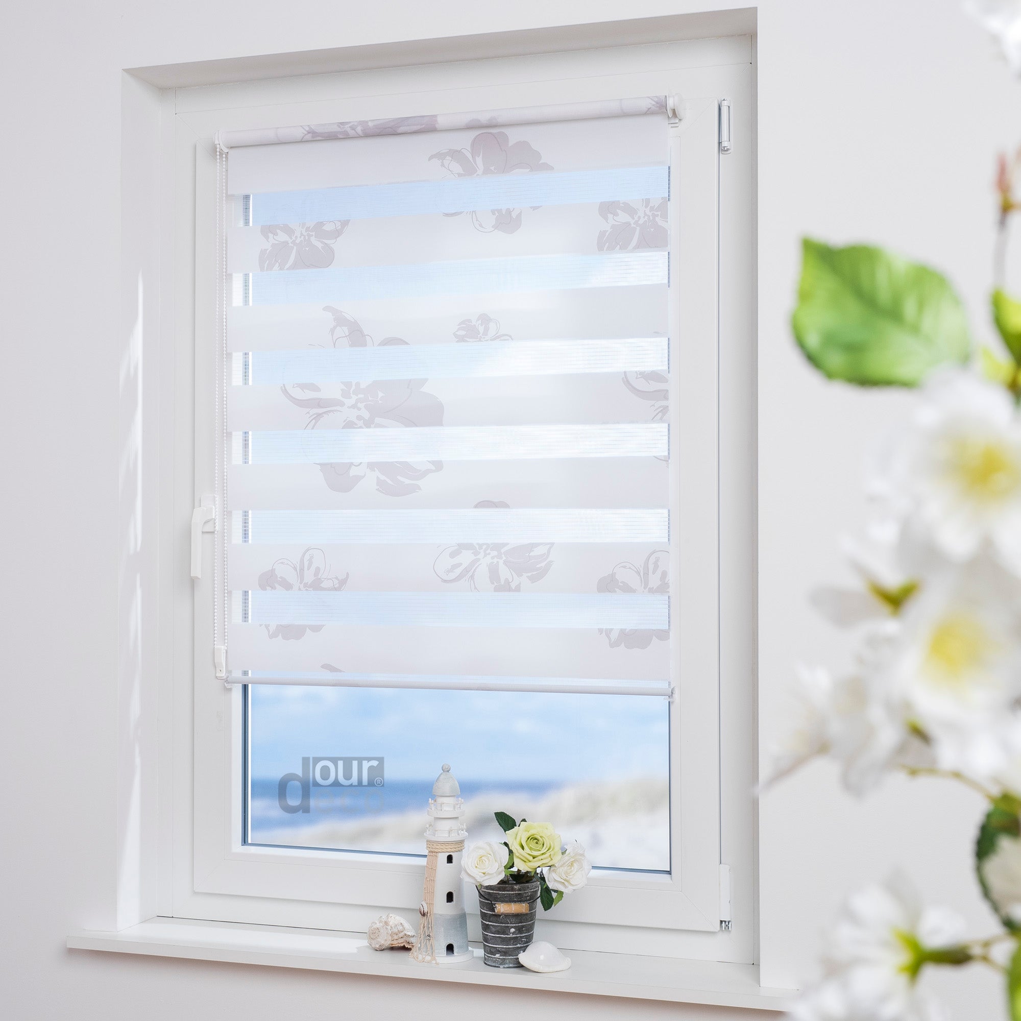 ourdeco® Doppel-Rollo Druckmotiv Blume oder Aster, Duo-Rollo, lichtdurchlässig, blickdicht, Montage ohne Bohren, verschiedene Größen