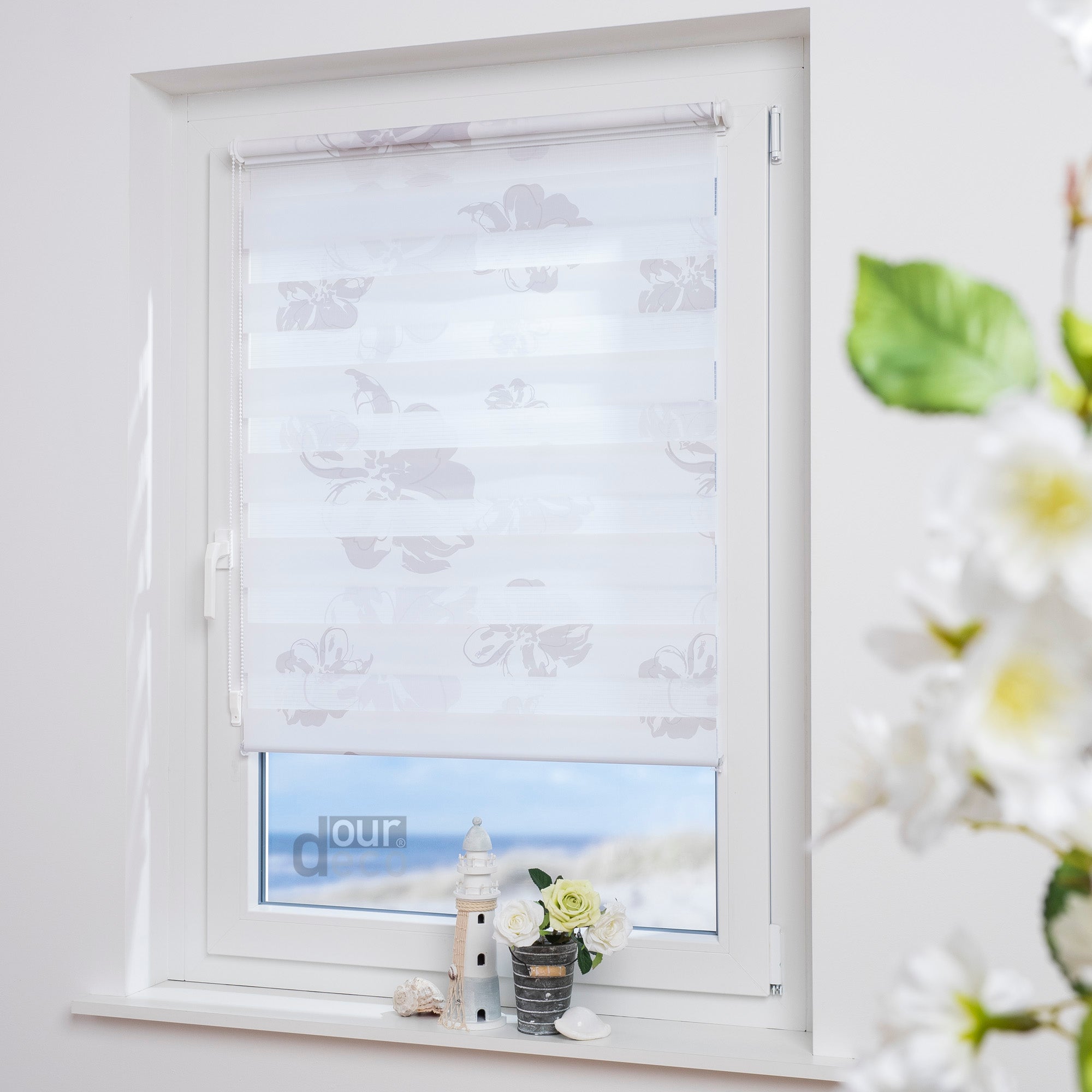 ourdeco® Doppel-Rollo Druckmotiv Blume oder Aster, Duo-Rollo, lichtdurchlässig, blickdicht, Montage ohne Bohren, verschiedene Größen