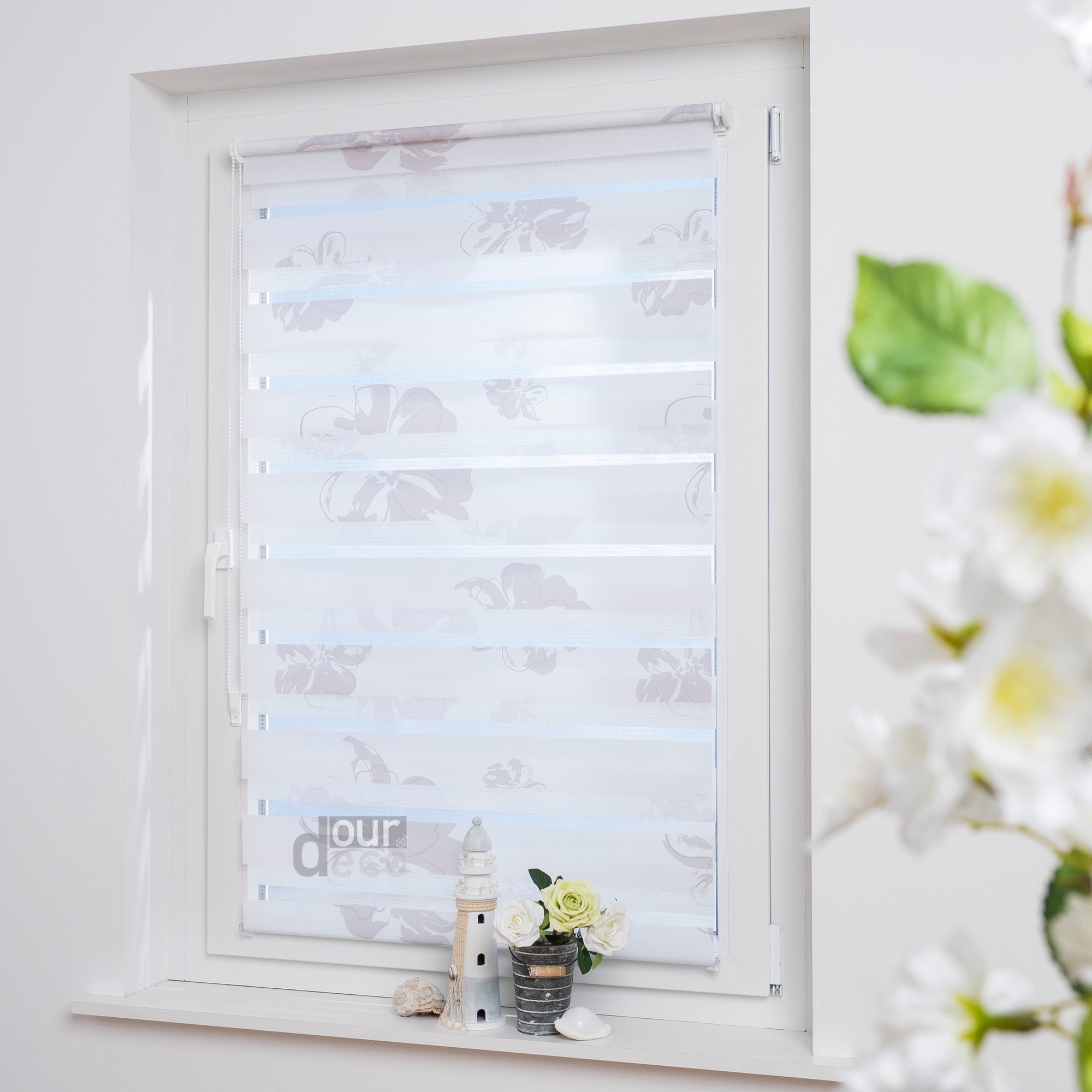 ourdeco® Doppel-Rollo Druckmotiv Blume oder Aster, Duo-Rollo, lichtdurchlässig, blickdicht, Montage ohne Bohren, verschiedene Größen